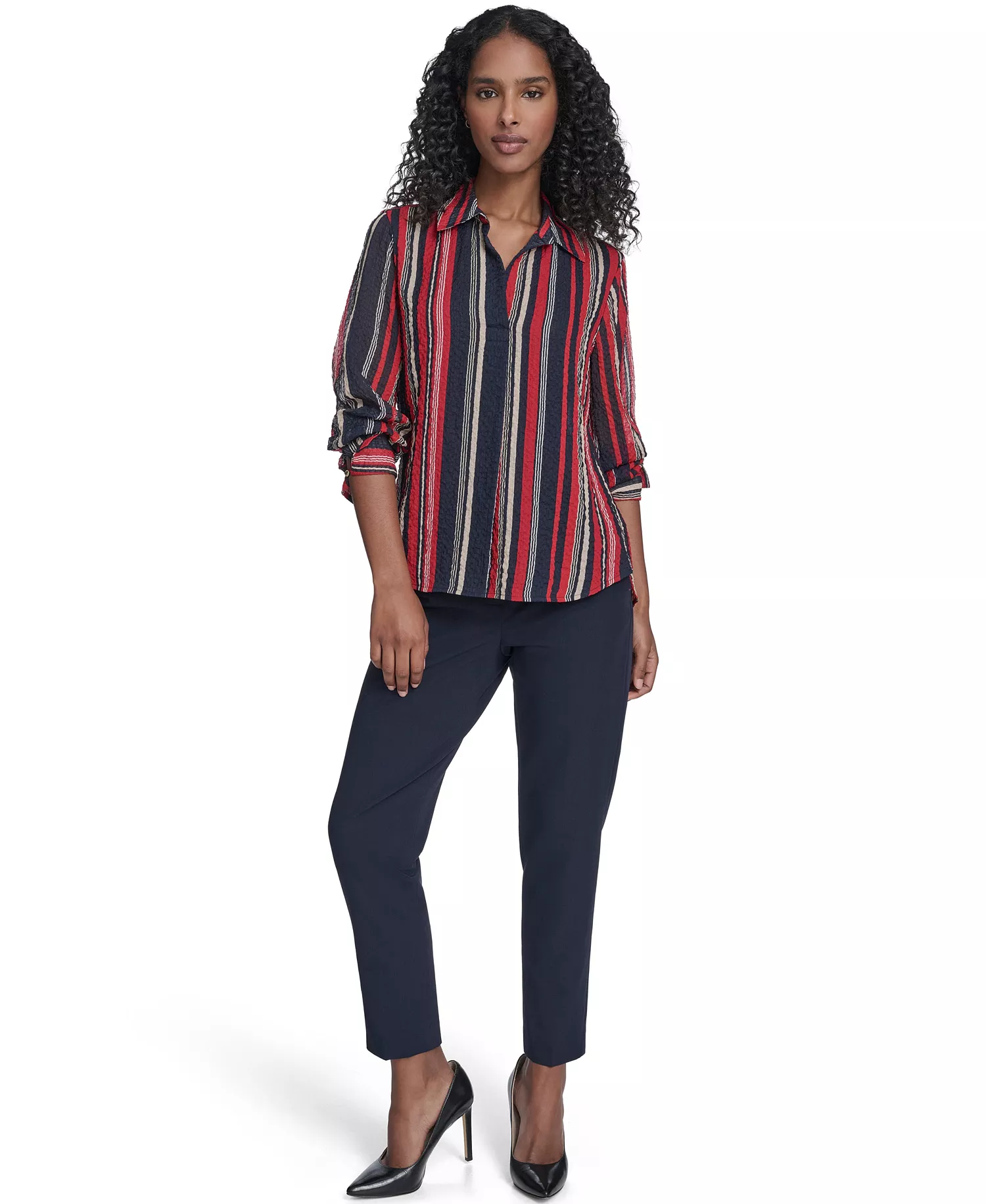 Women's Striped Long Sleeve Pull-On Blouse - Midnight/ Scarlet - L