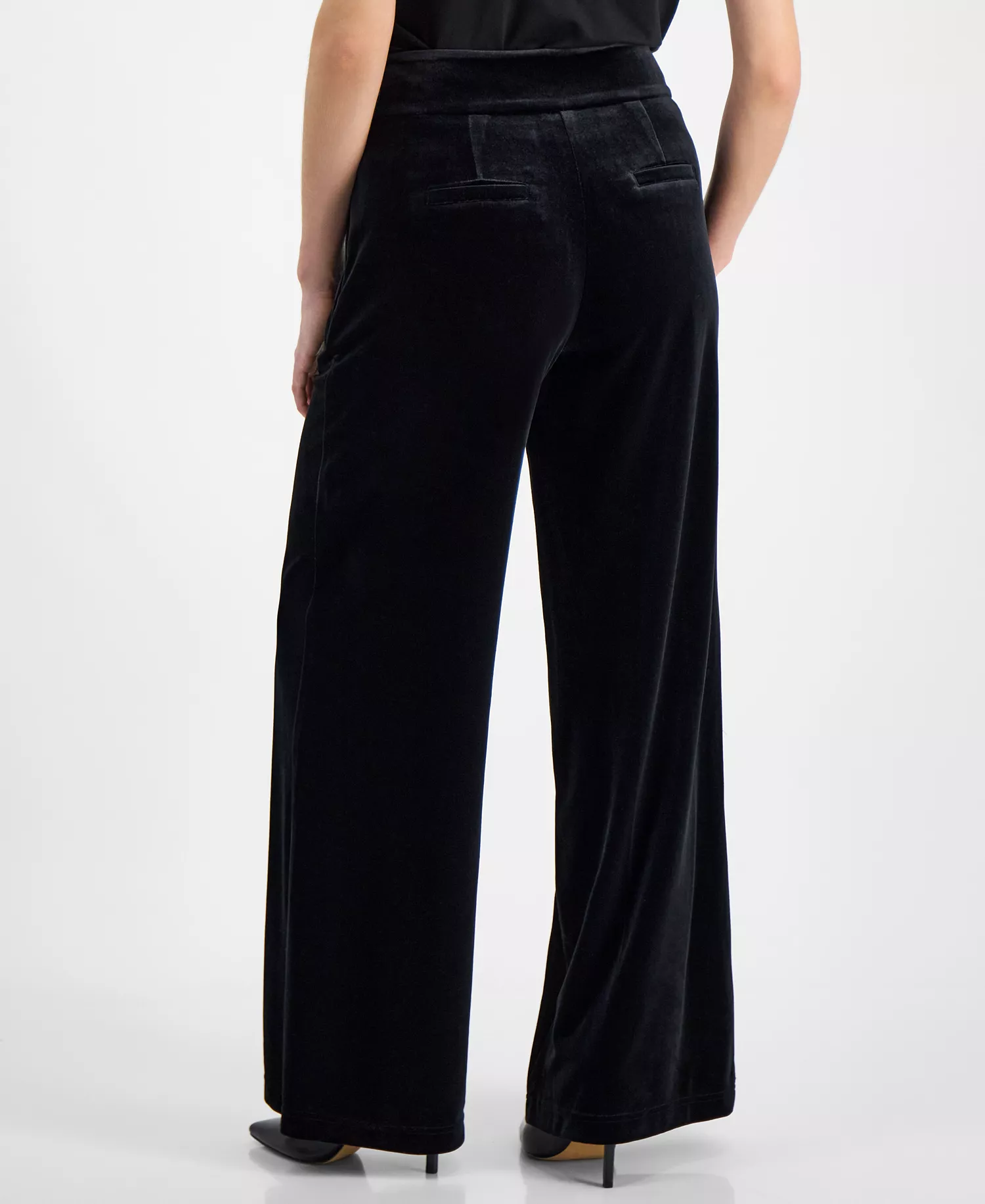 Petite Velvet High-Rise Wide-Leg Pants, Created for Macy's - Deep Black - P/XL