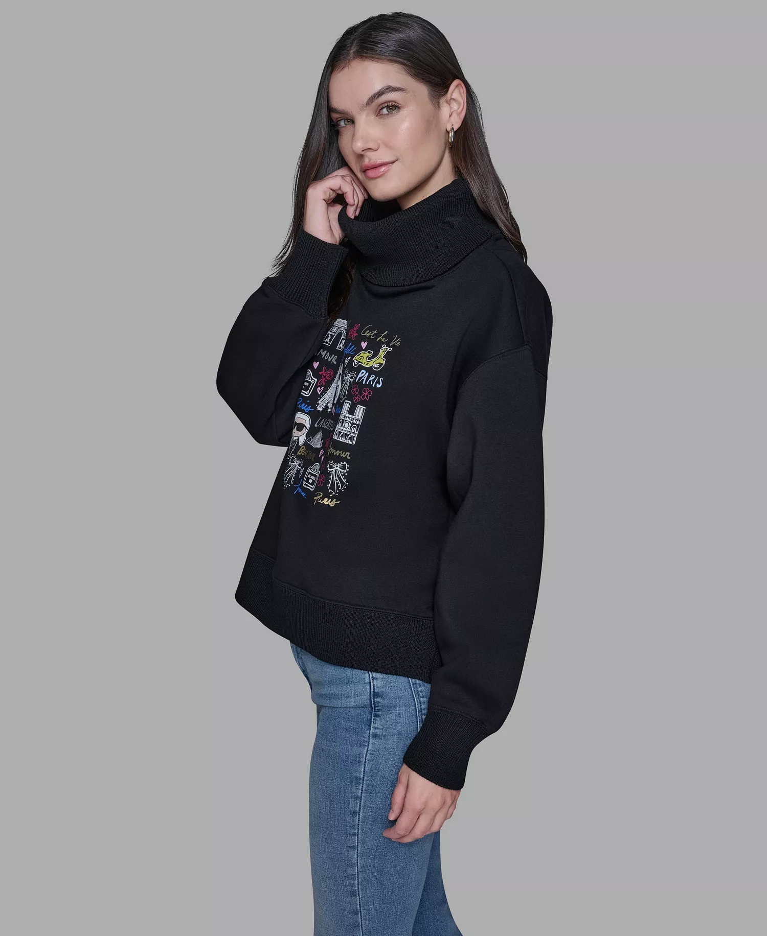 Women's Turtleneck Printed Sweater - Black - L