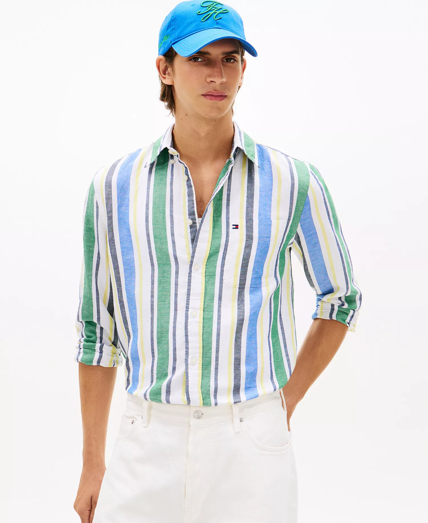 Men's Linen-Blend Bold Stripe Shirt - Nouveau Green / Stripe - L