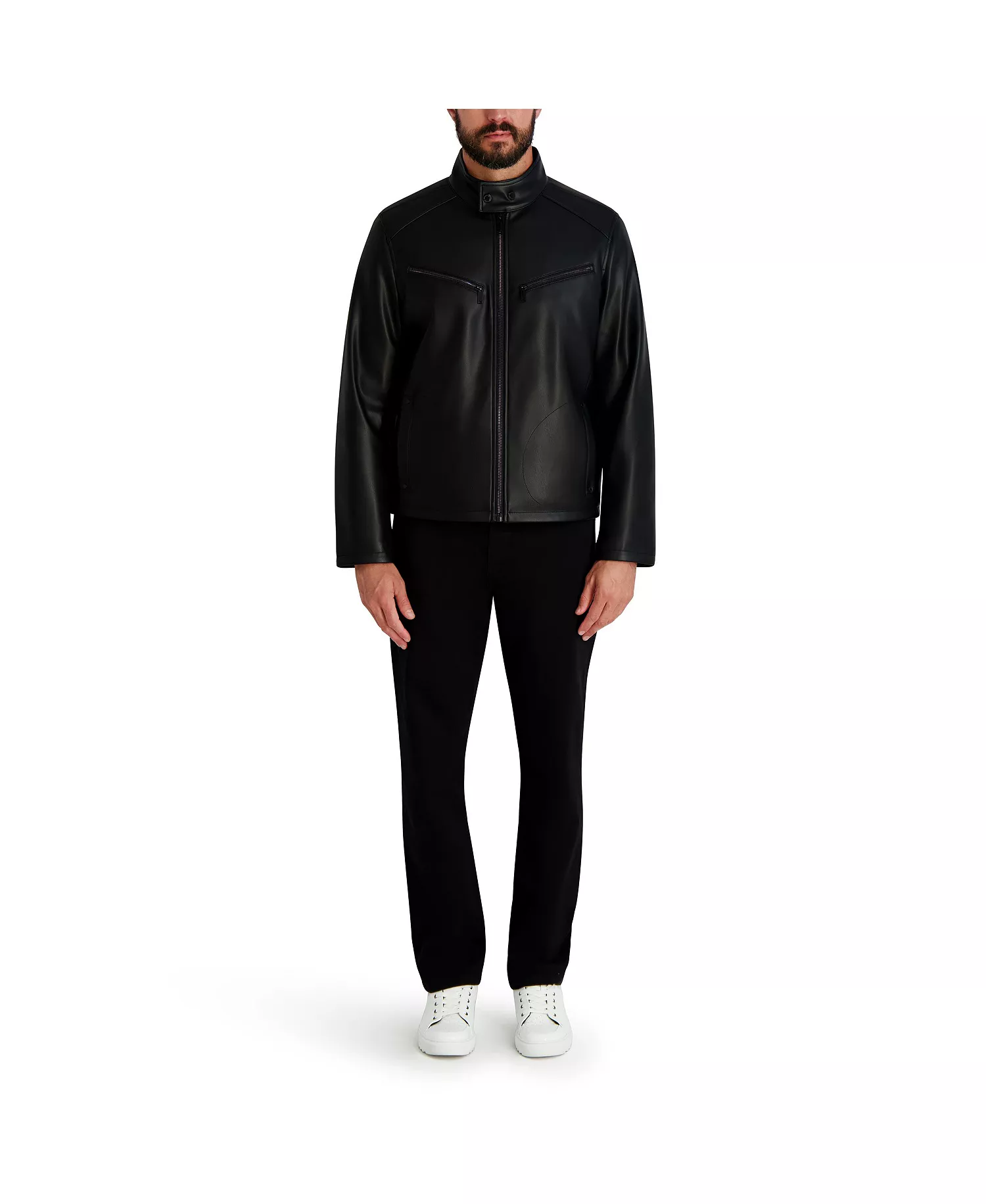 Men's Circle Stitch Faux Leather Jacket - Black - 2XL