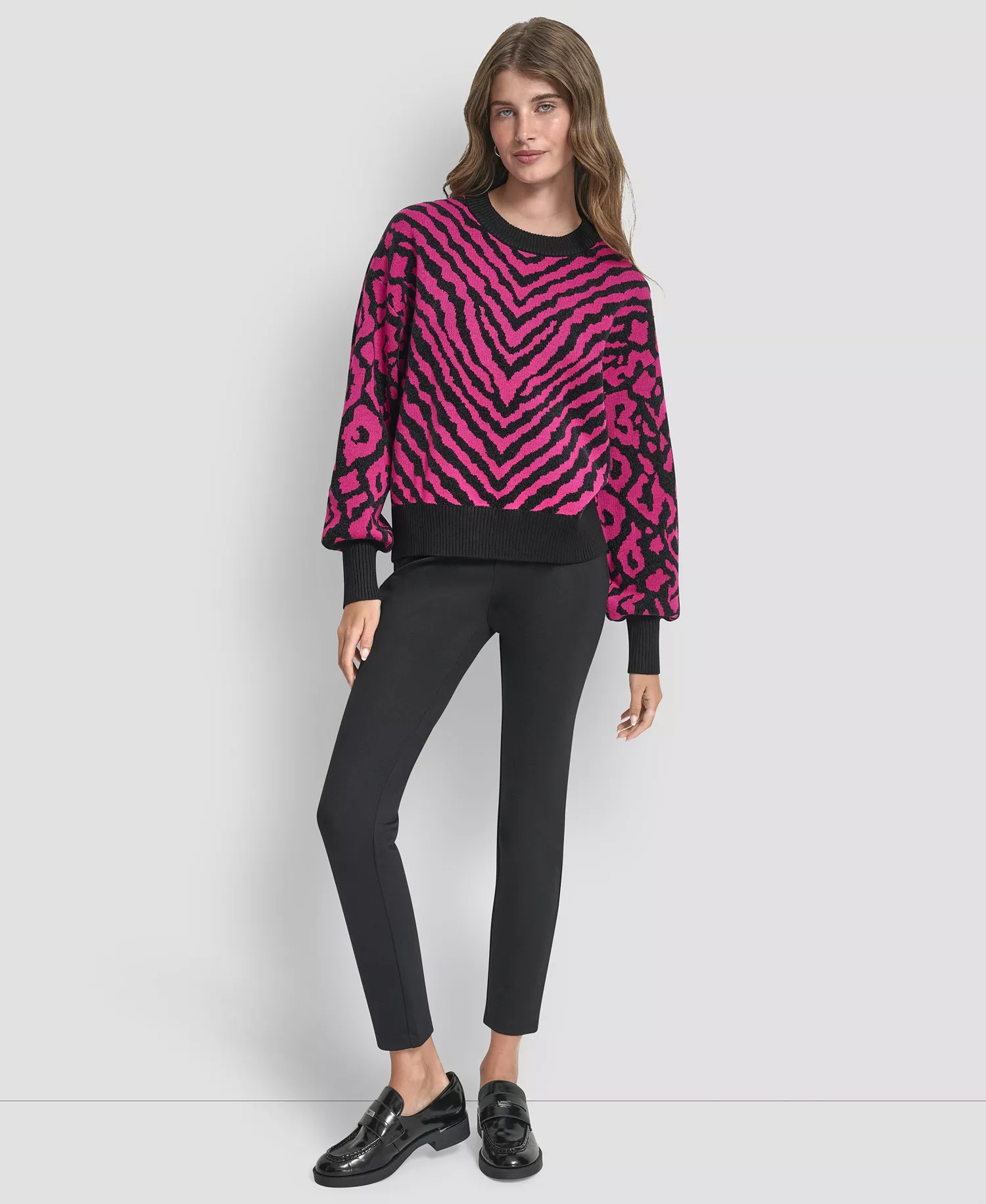 Women's Long-Sleeve Animal-Flocked Sweater - Fuchsia/black - L