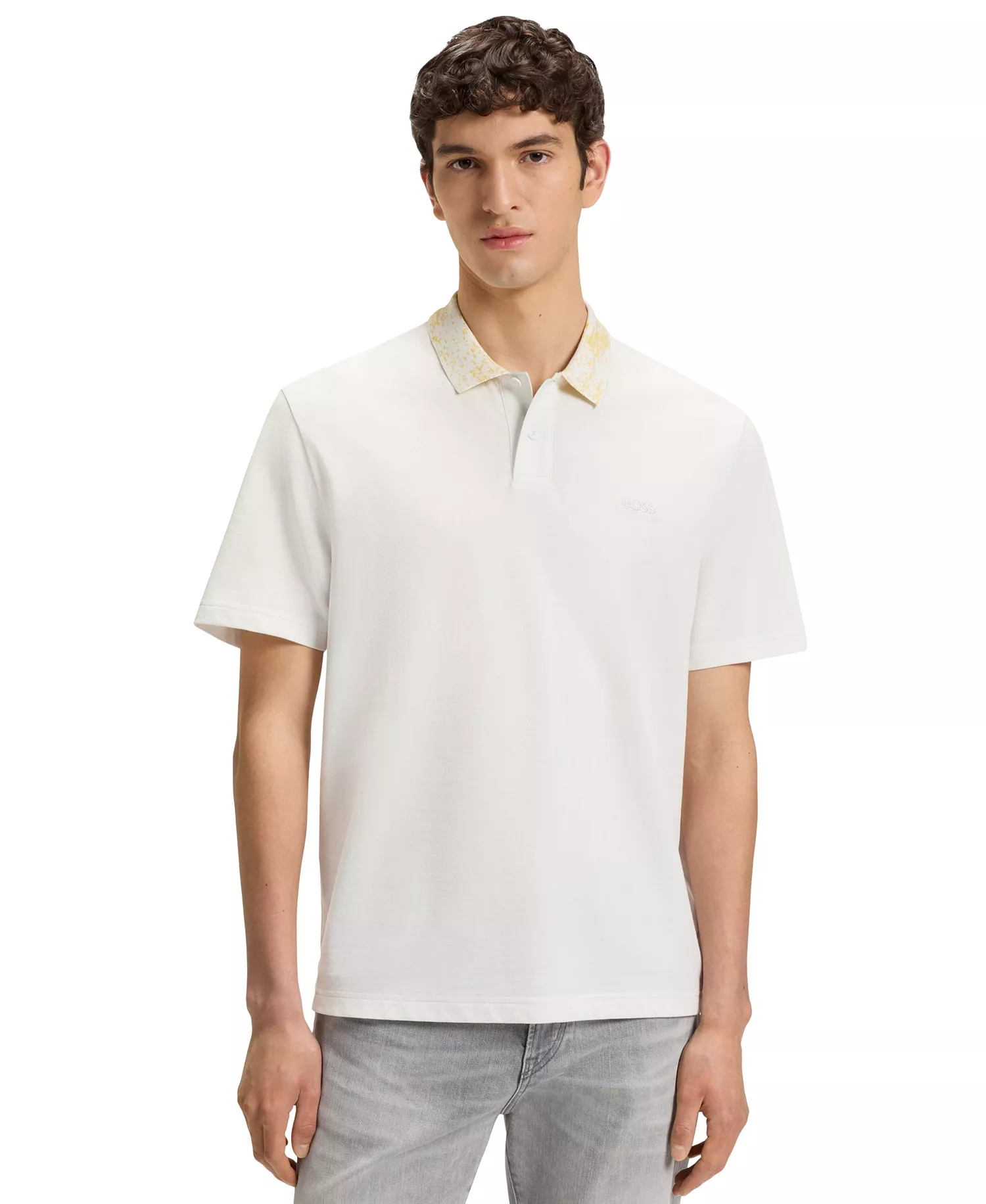 Men's Cotton-Pique Patterned Collar Polo Shirt - Natural - L