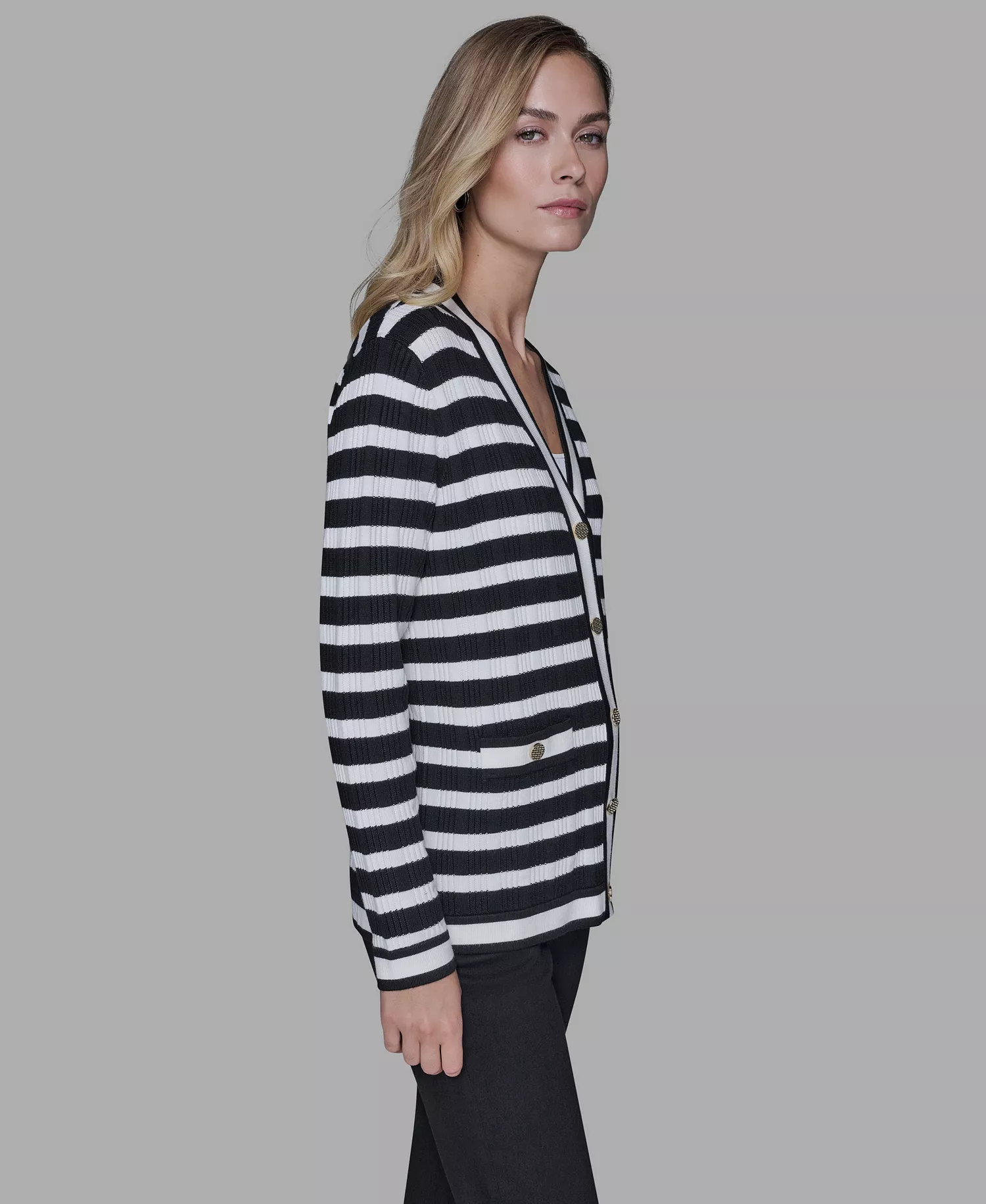 Petite Striped Long-Sleeve Cardigan Sweater - Black/Soft White - P/L