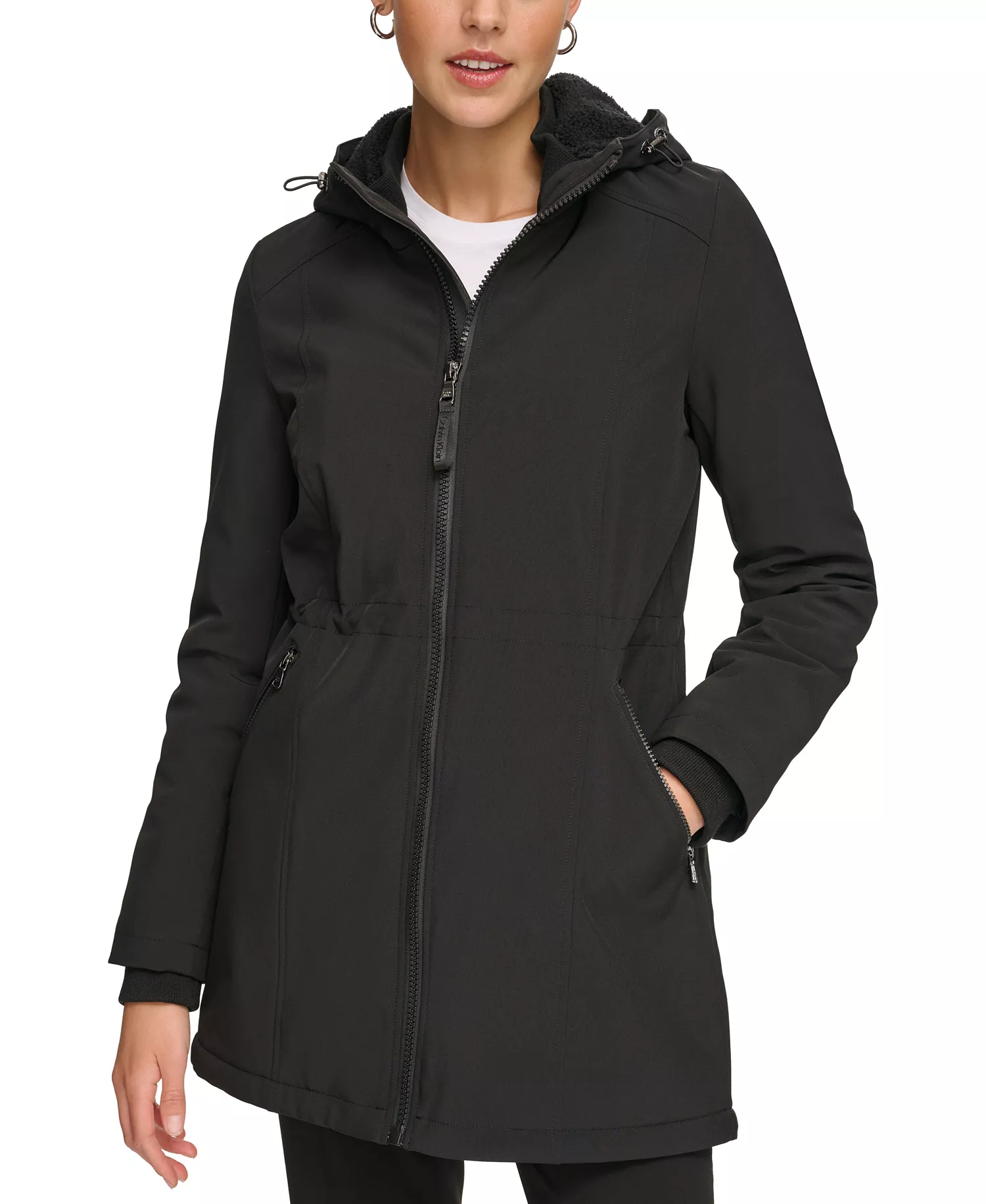 Womens Hooded Faux-Fur-Lined Anorak Raincoat - Black - L