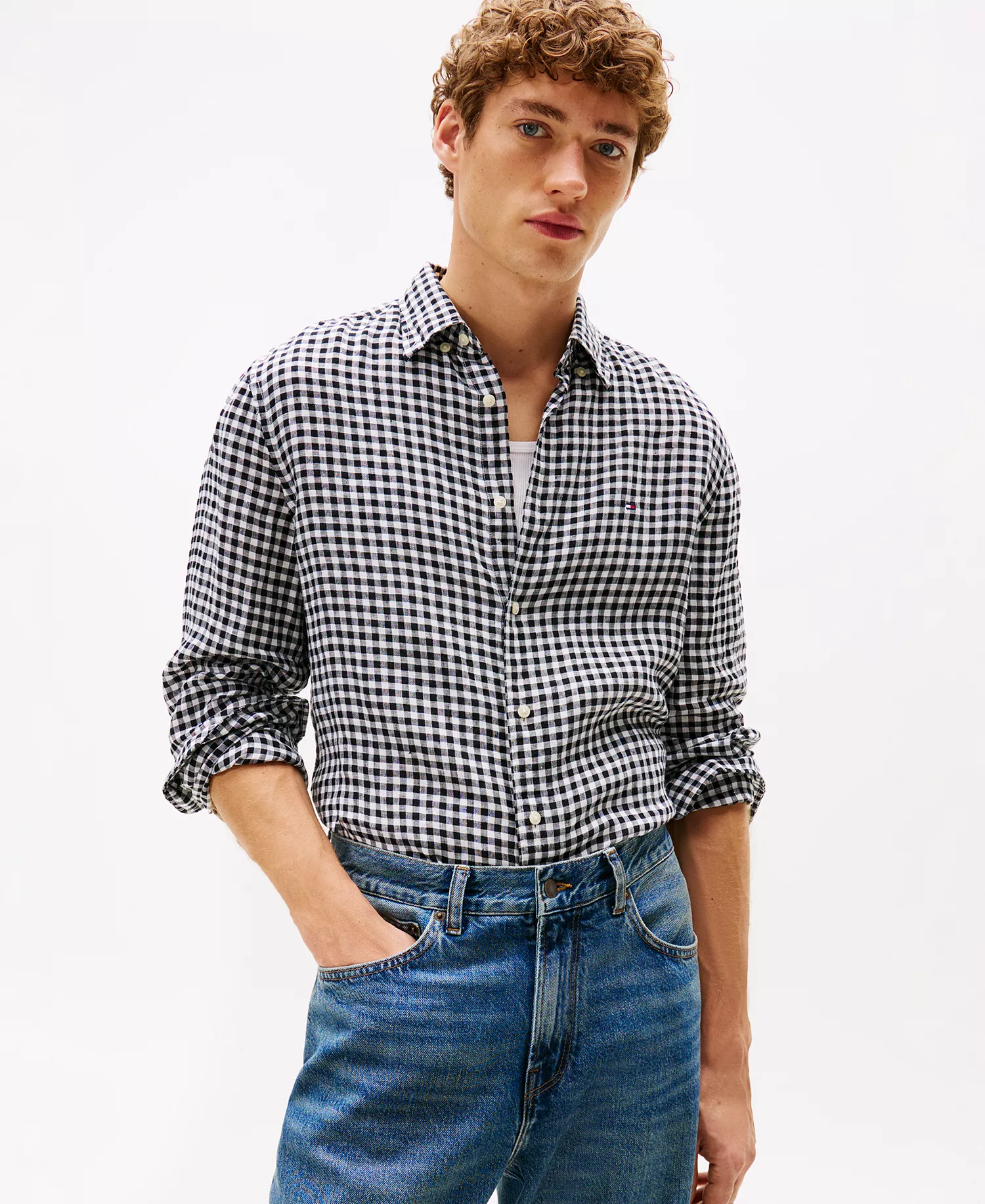 Men's Linen Gingham Button Up Shirt - Black / Check - L