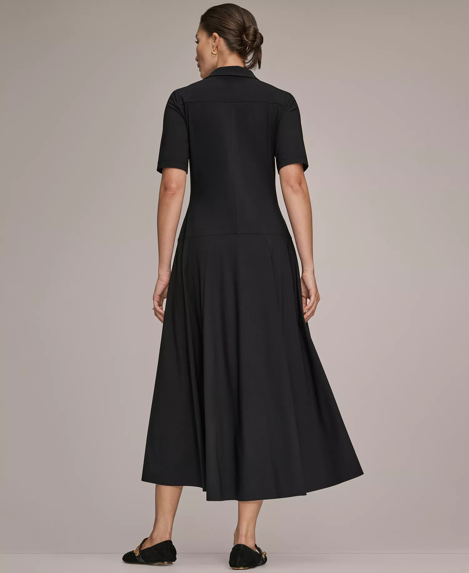 Women's Tricot Knit Elbow-Sleeve Polo Dress - Black - 10