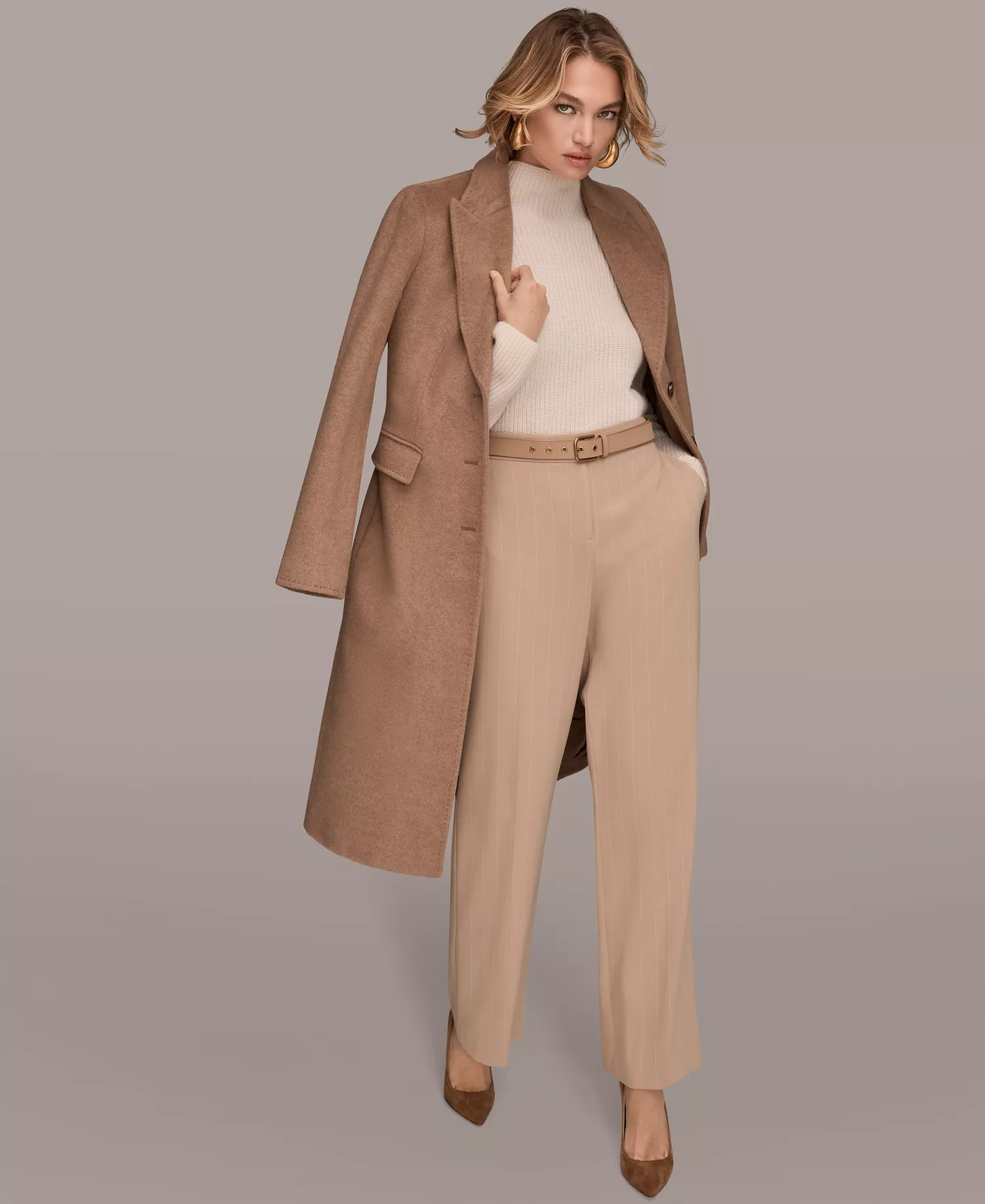 Women's Single-Breasted Stitch Trimmed Coat - Camel - L