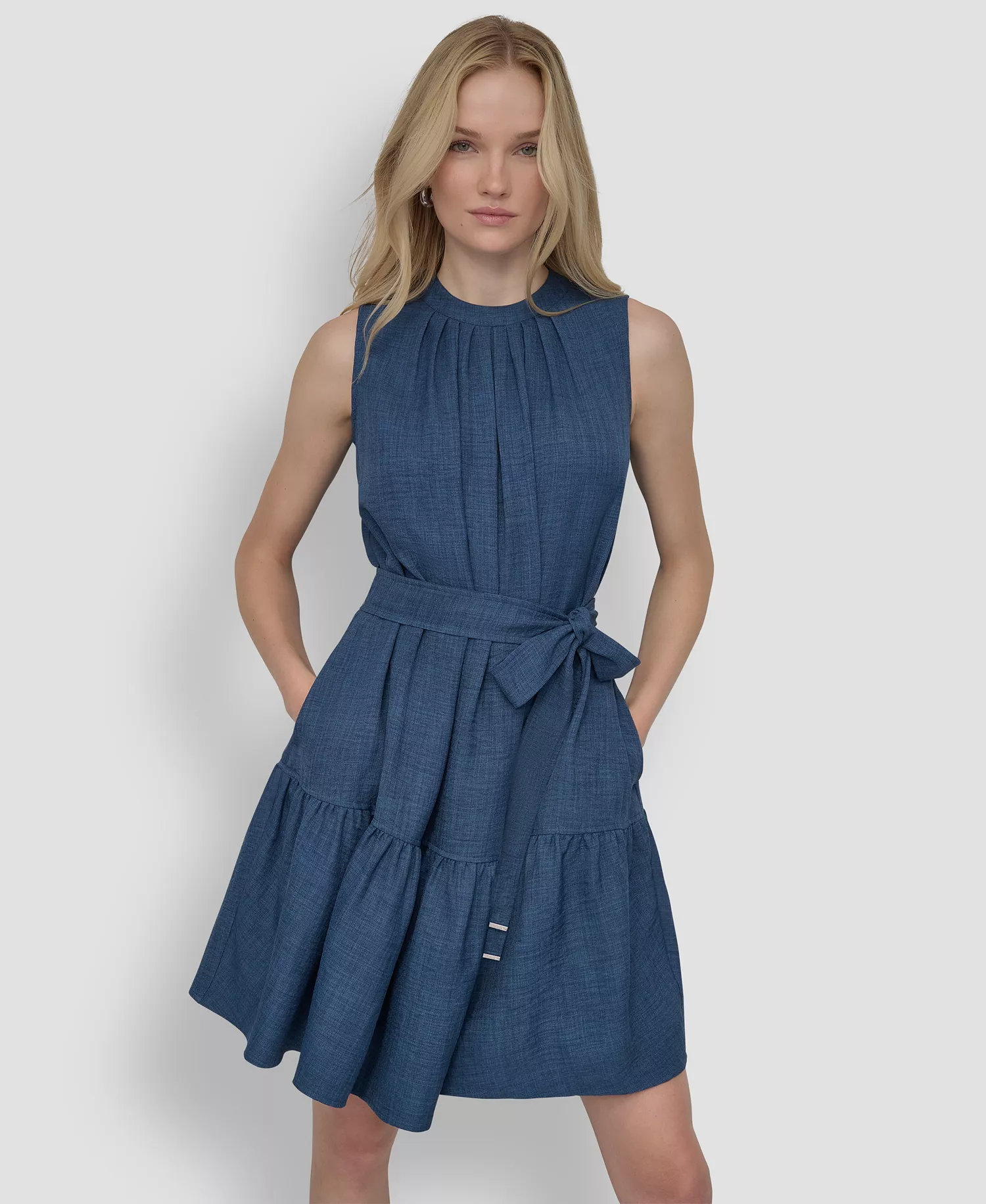 Women's Sleeveless Crew Neck Drop Waist Short Dress - Denim - 10