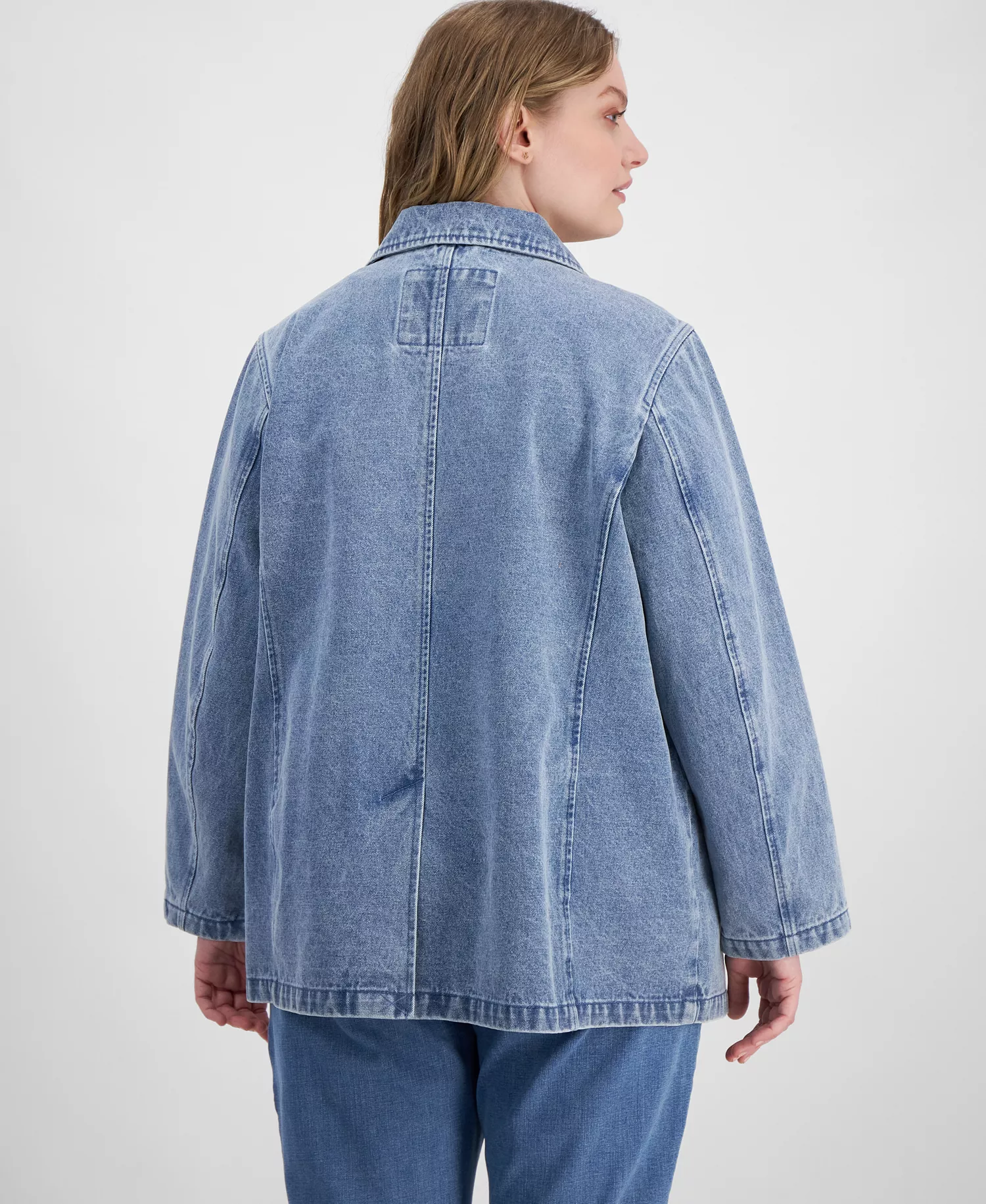 Plus Size Denim Long-Sleeve Blazer Jacket - Light Wash Denim - 1X