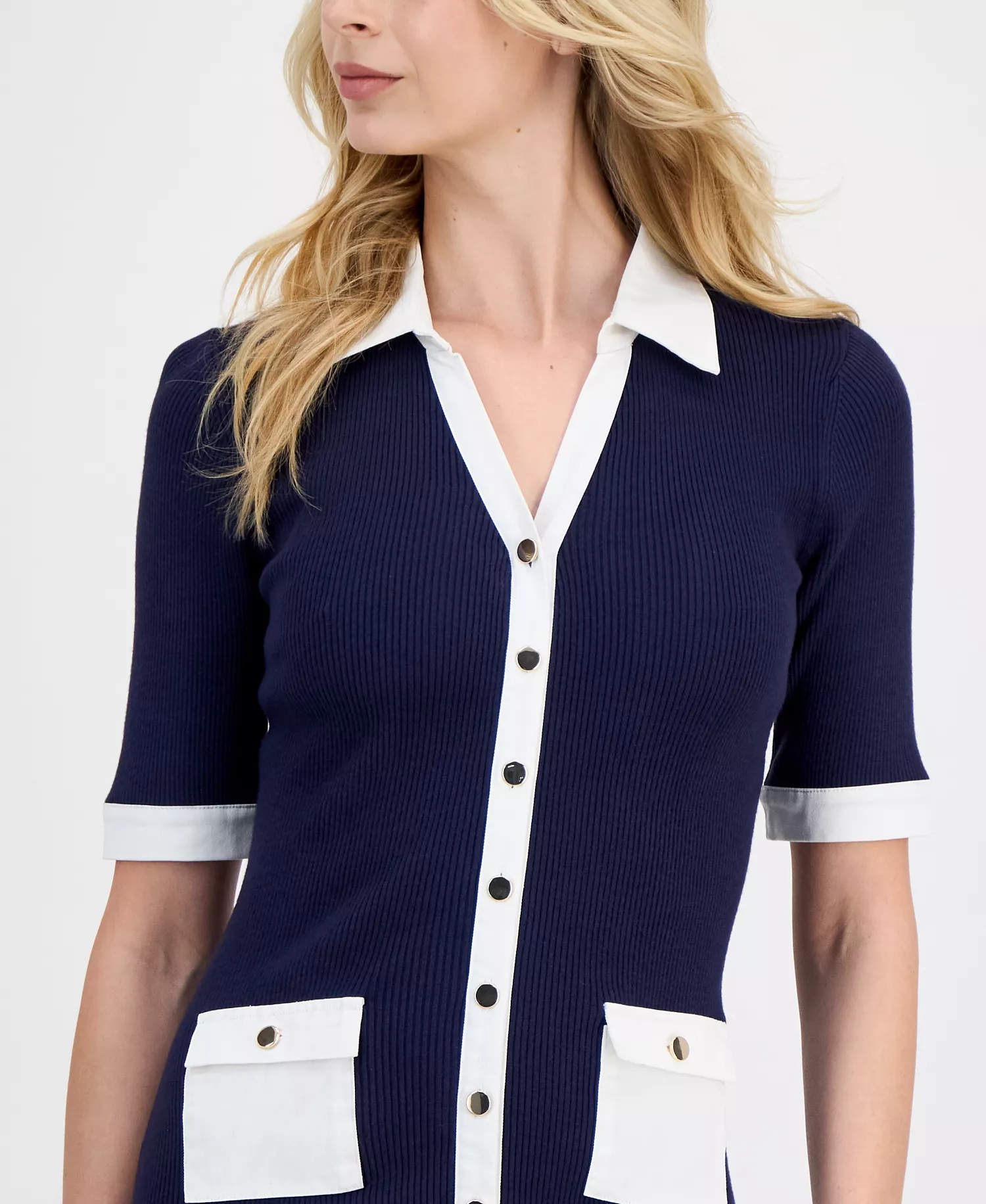 Women's Ribbed Knit Contrast Trim Sheath Dress - Navy With White - L