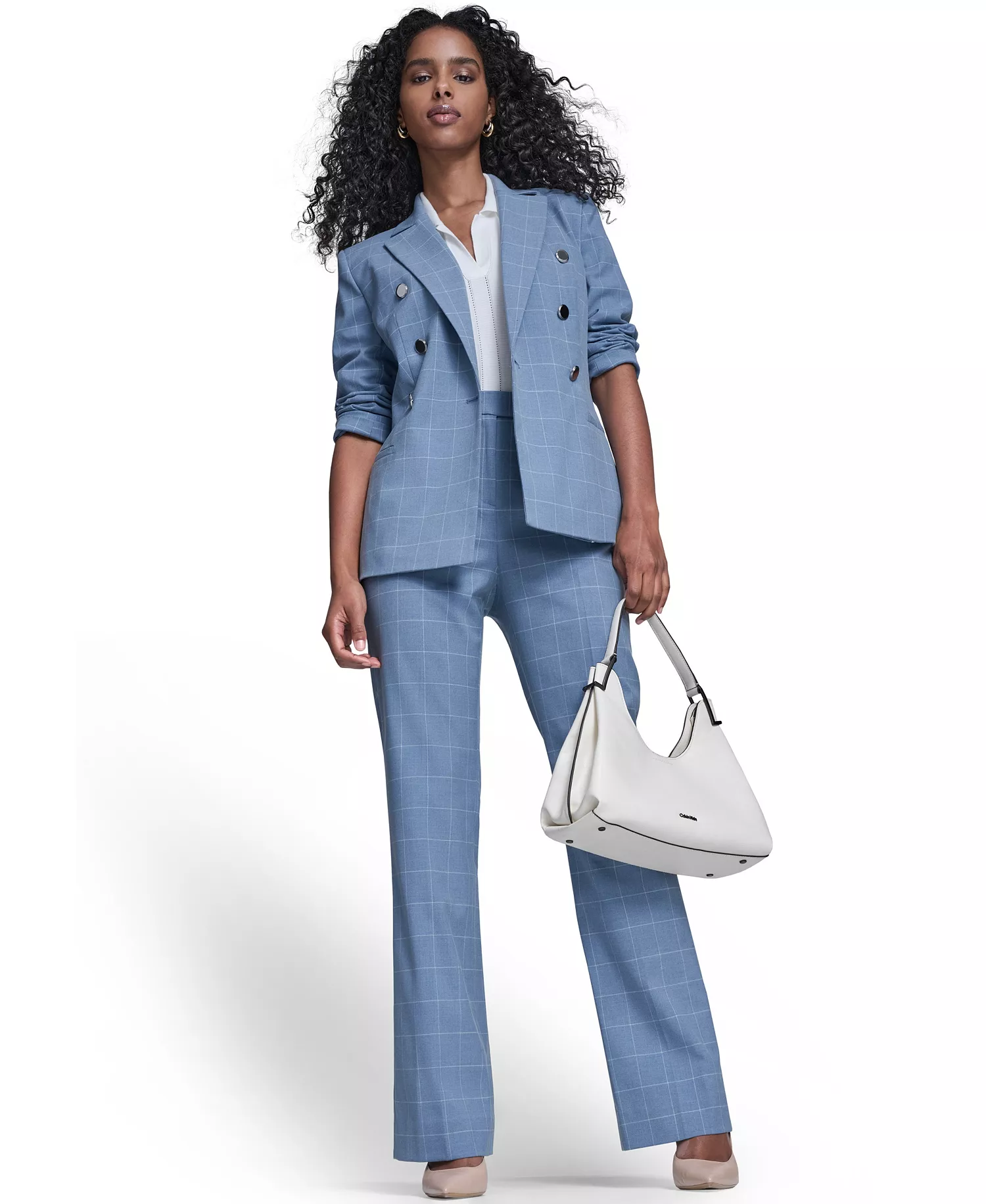 Women's Windowpane Double Breast Jacket, Sleeveless Collared Sweater, and Windowpane Modern Fit Pants - Light Flint/cream - 10