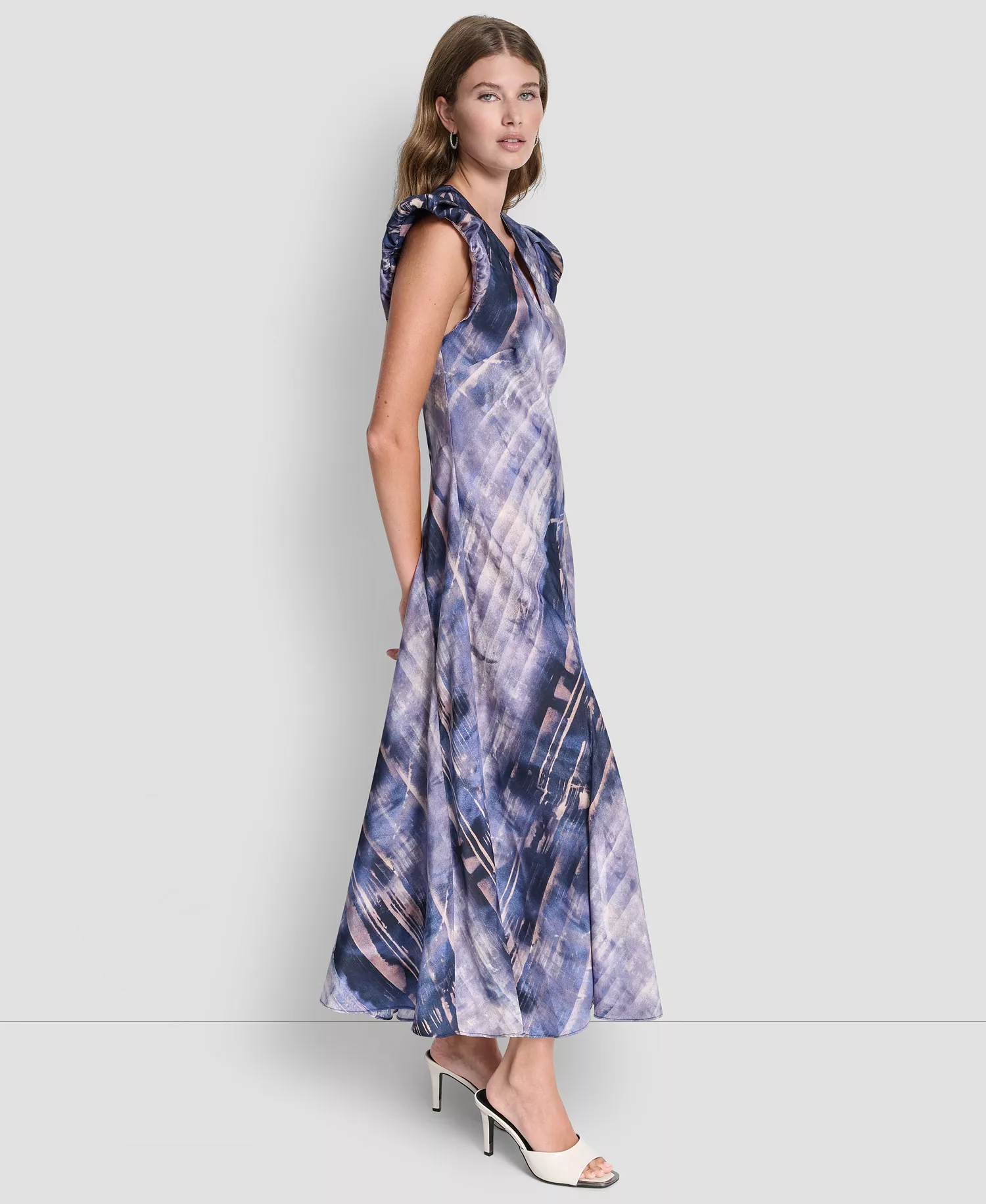 Women's Puff-Sleeve Printed Satin Bias Cut Dress - Hudson Lights - L