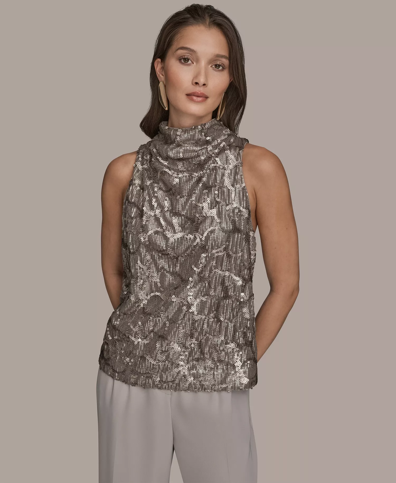 Women's Sequined Cowl Neck Top - Antique Silver - L