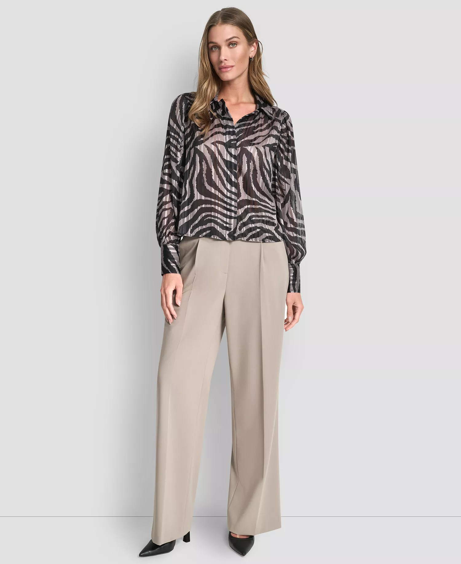 Women's Long Sleeve Collared Blouse - Black/tan - L