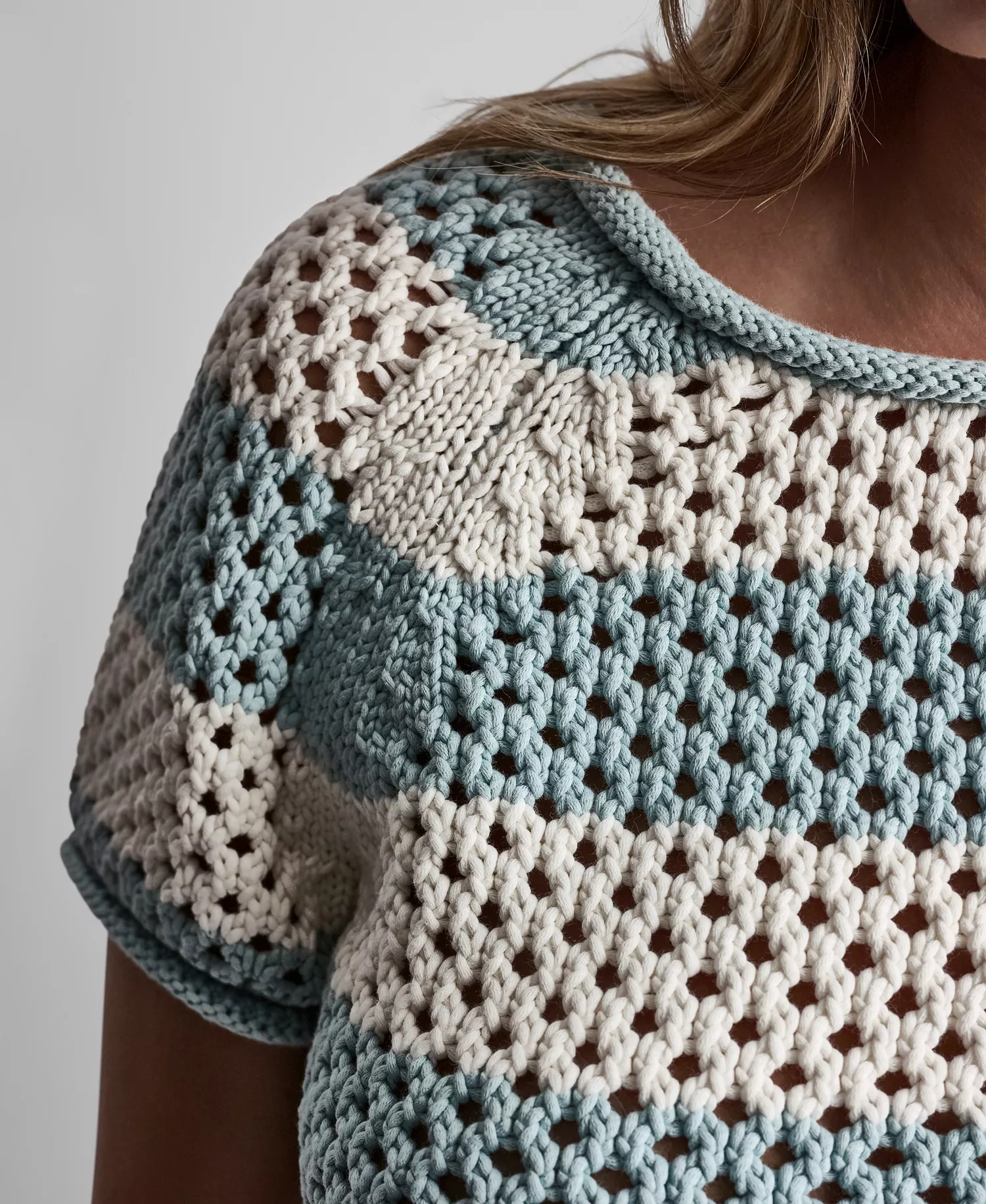 Petite Short-Sleeve Raglan Stripe Crewneck Pointelle Sweater - Mineral/Eggnog - PL