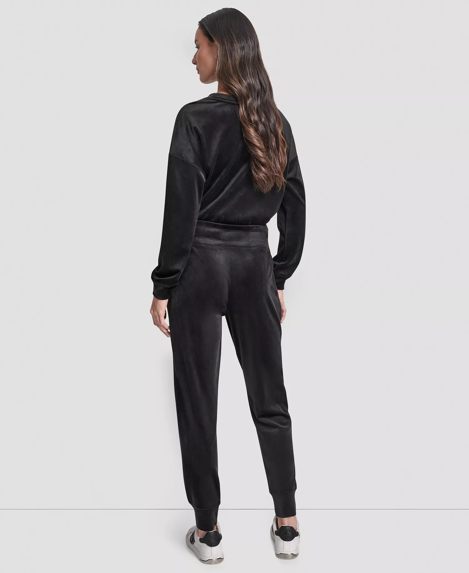 Women's Platinum Velour Rhinestone Logo Slim Fit Joggers - Black - L