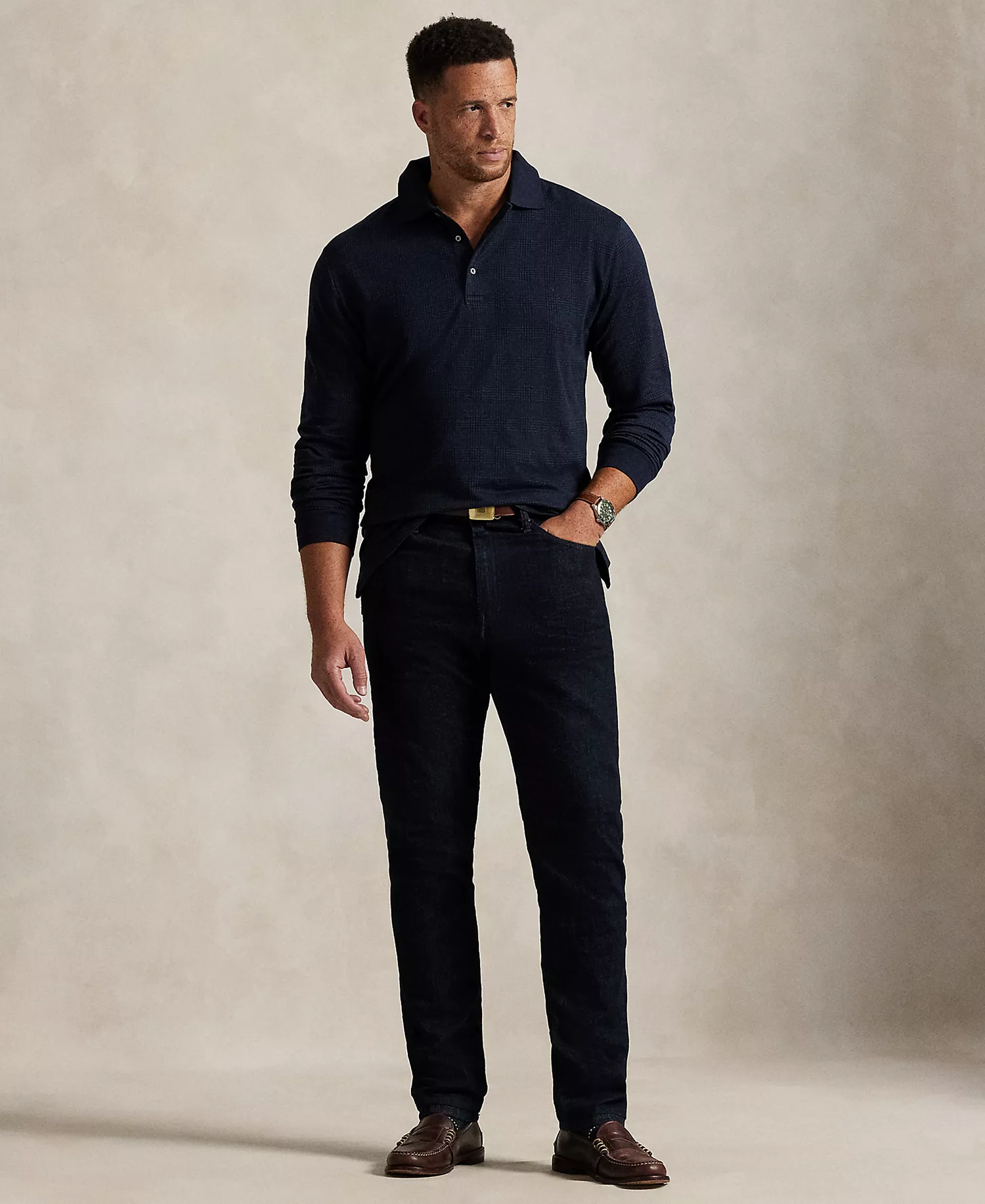 Men's Big & Tall Long-sleeved Glen Polo Shirt - Pow Jacquard Medieval Blue Heather - 4XB