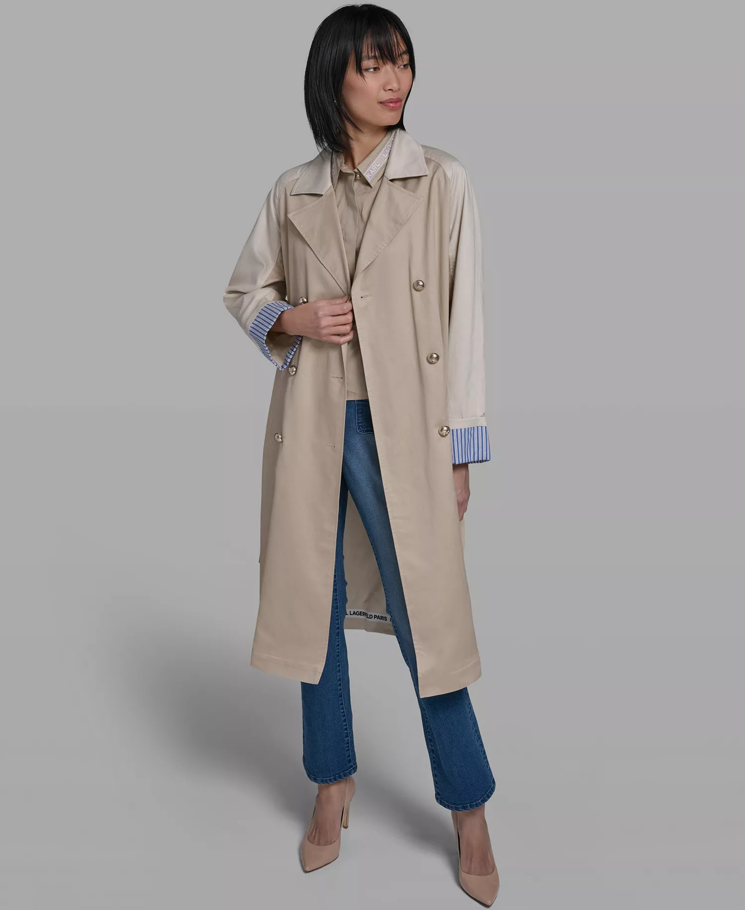 Women's Color Block Collared Trench Coat - French Beige - L
