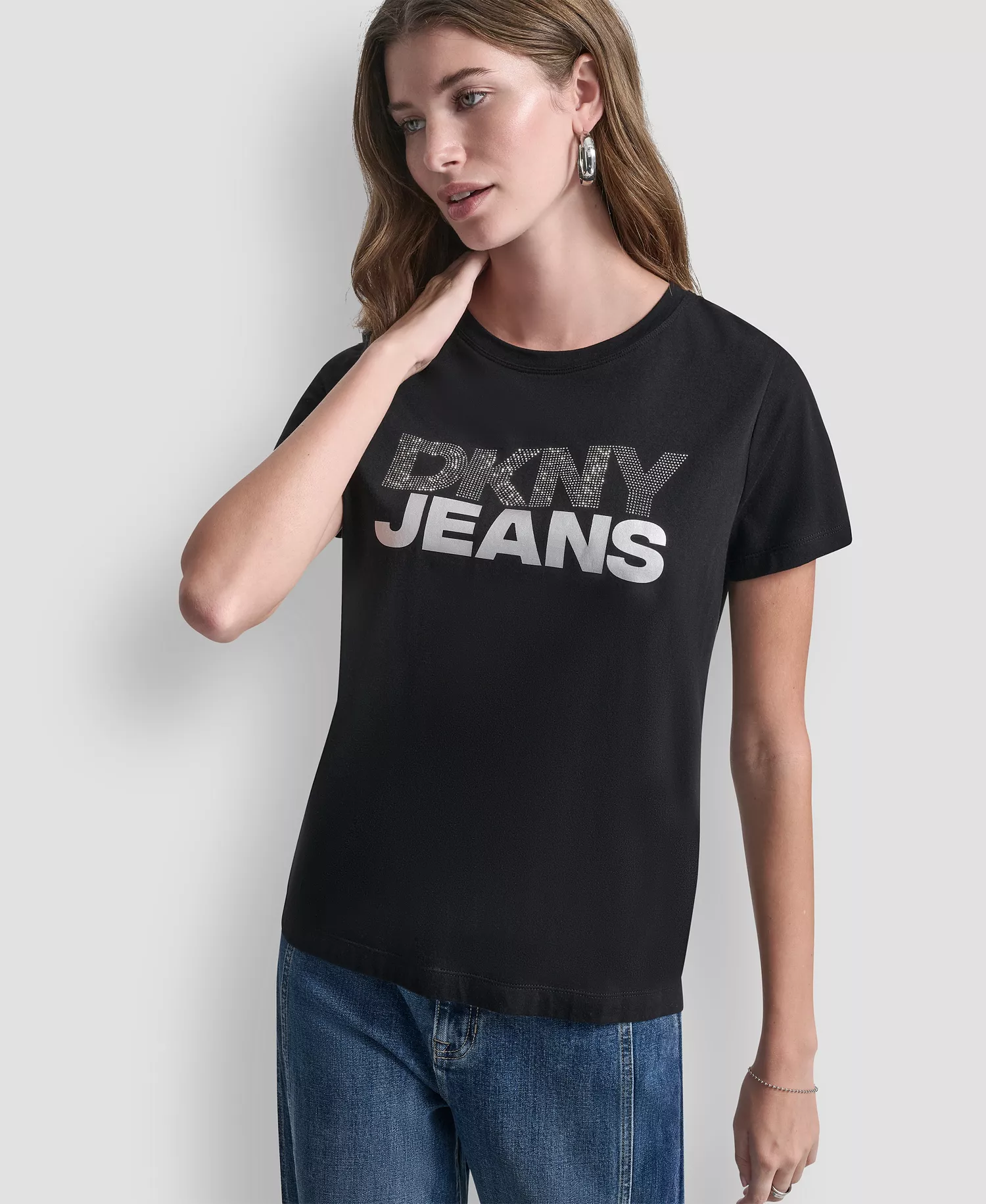 Women's Crew Neck Stacked Rhinestone T-Shirt - Black/Silver/Silver - L