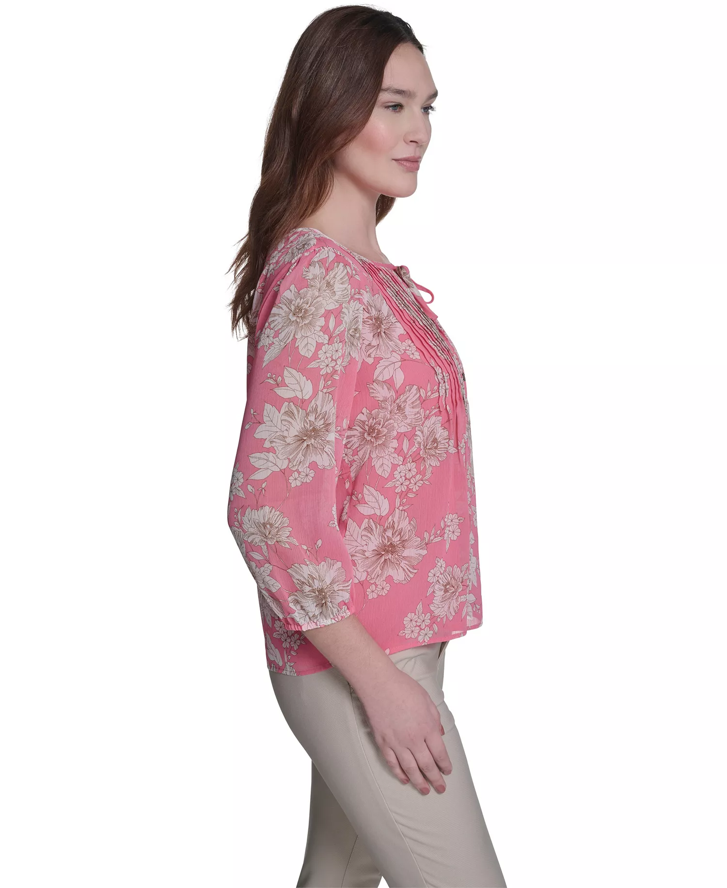 Women's Floral Pintuck V-Neck Blouse - Pink Tulip Multi - L