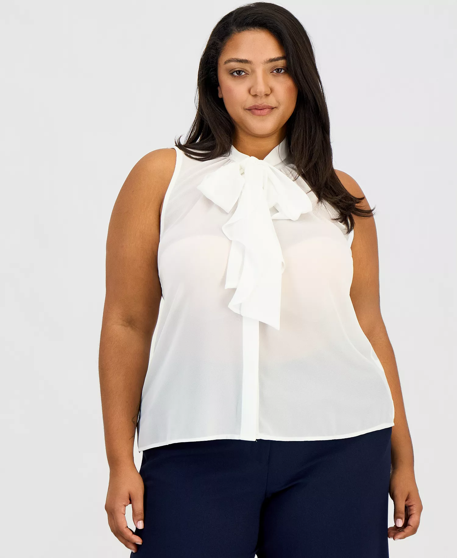 Plus Size Sleeveless Ruffled Bow Blouse - Ivory - 1X
