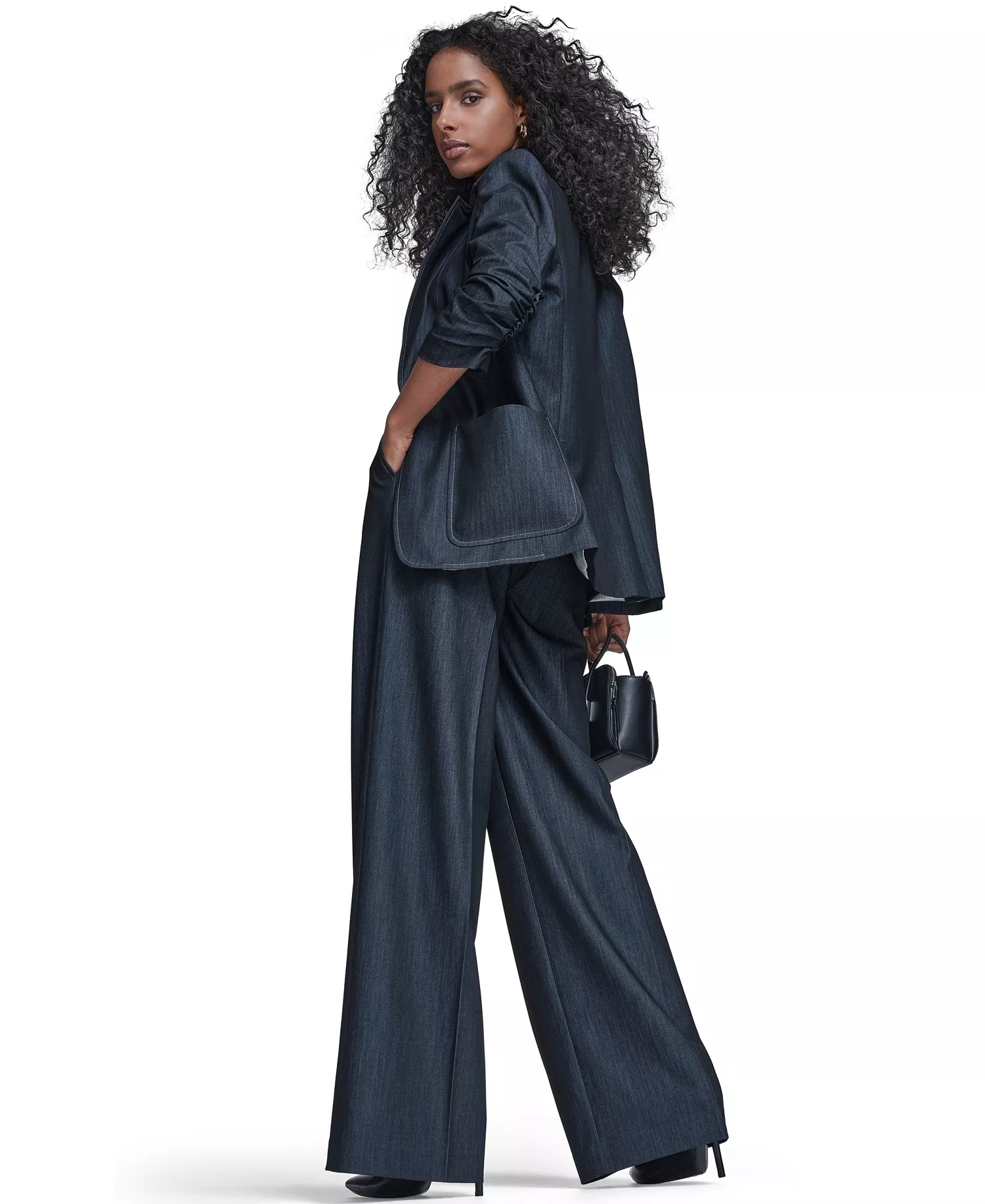 Women's Faux Denim 3/4-Sleeve Jacket, Denim Wide Leg Pants, and Textured Short-Sleeve Sweater - Indigo - 10