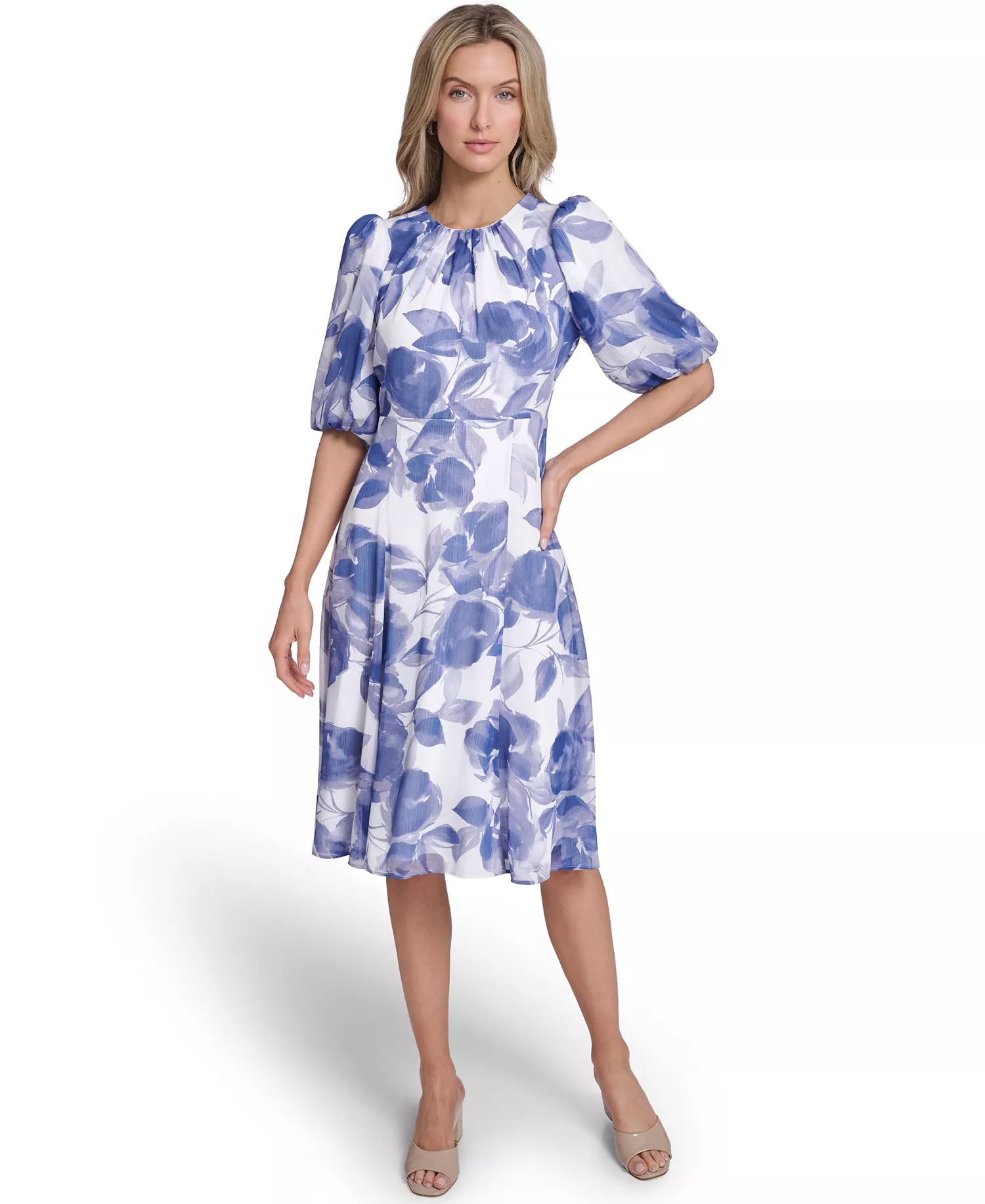 Petite Balloon-Sleeve Printed Midi Dress - Spring Mist Multi - 0P