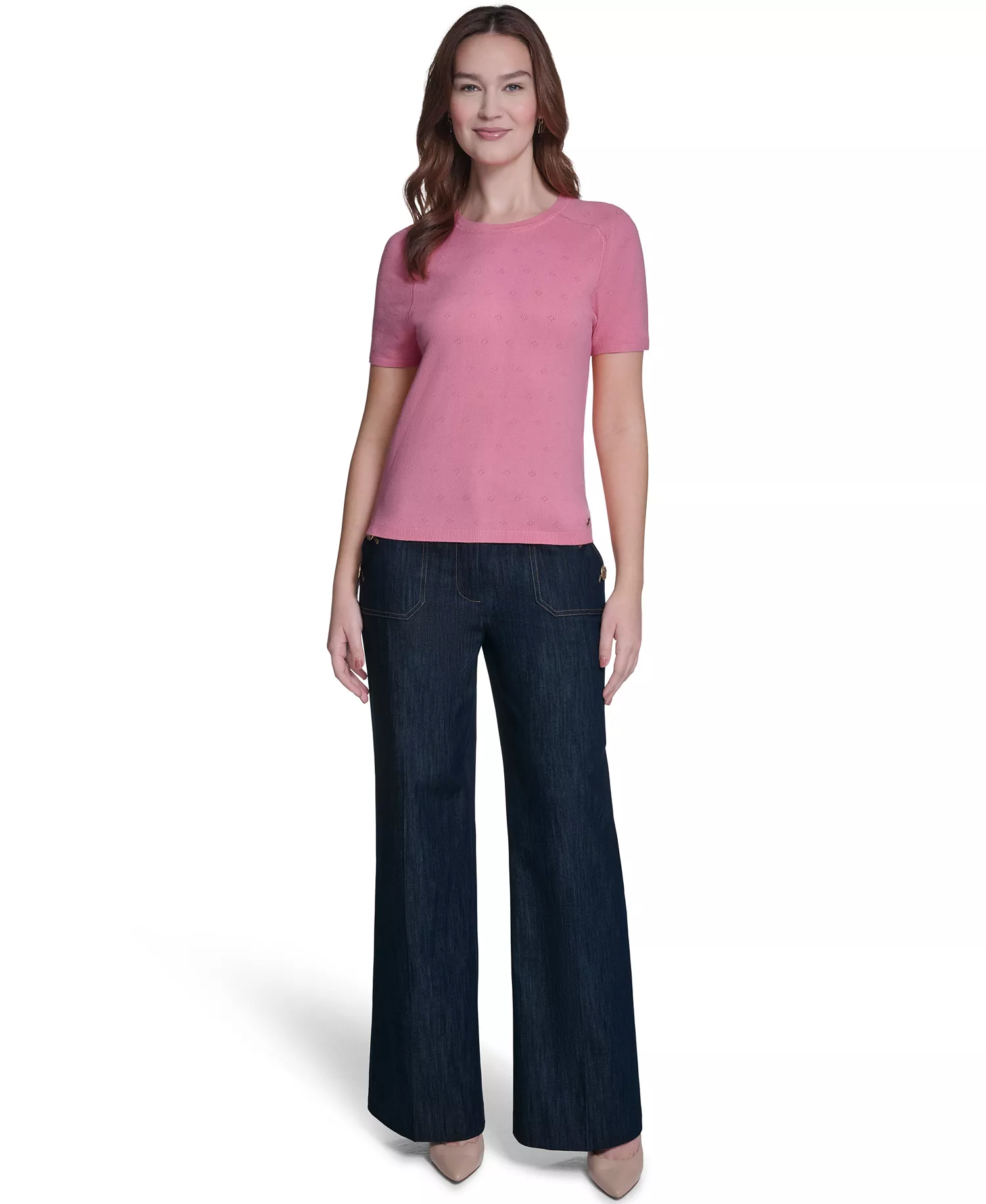 Women's Pointelle Short-Sleeve Sweater - Pink Tulip - L