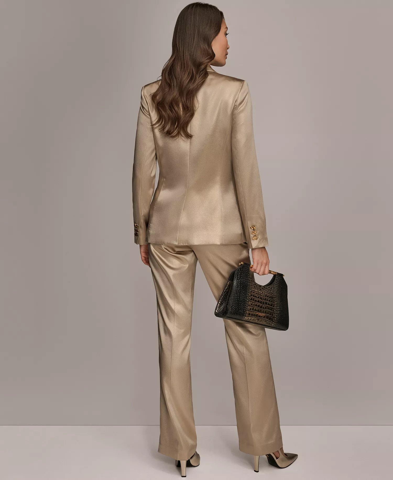 Women's Metallic One-Button Blazer and Novelty Straight-Leg Mid-Rise Pants - Fawn/Gold - 12