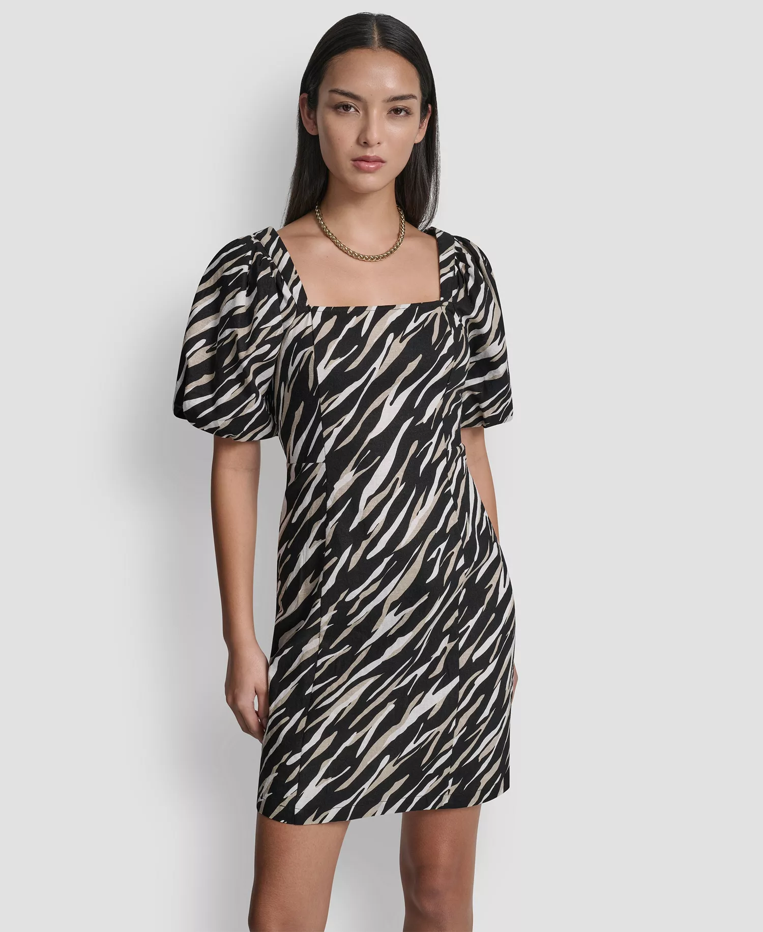 Women's Puff-Sleeve Square Neck Printed Dress - Concrete Animal - L