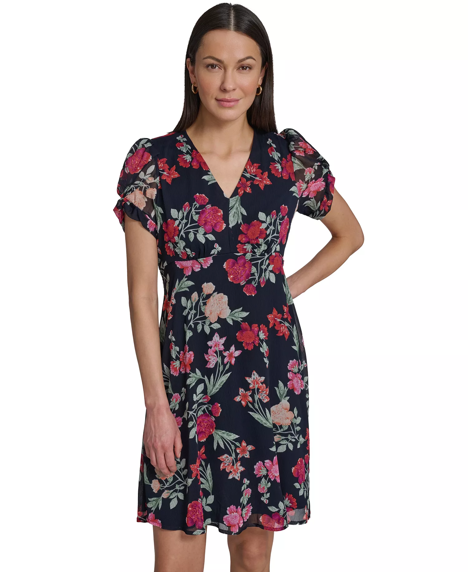 Petite Knot-Sleeve Printed Dress - Indigo Multi - 0P