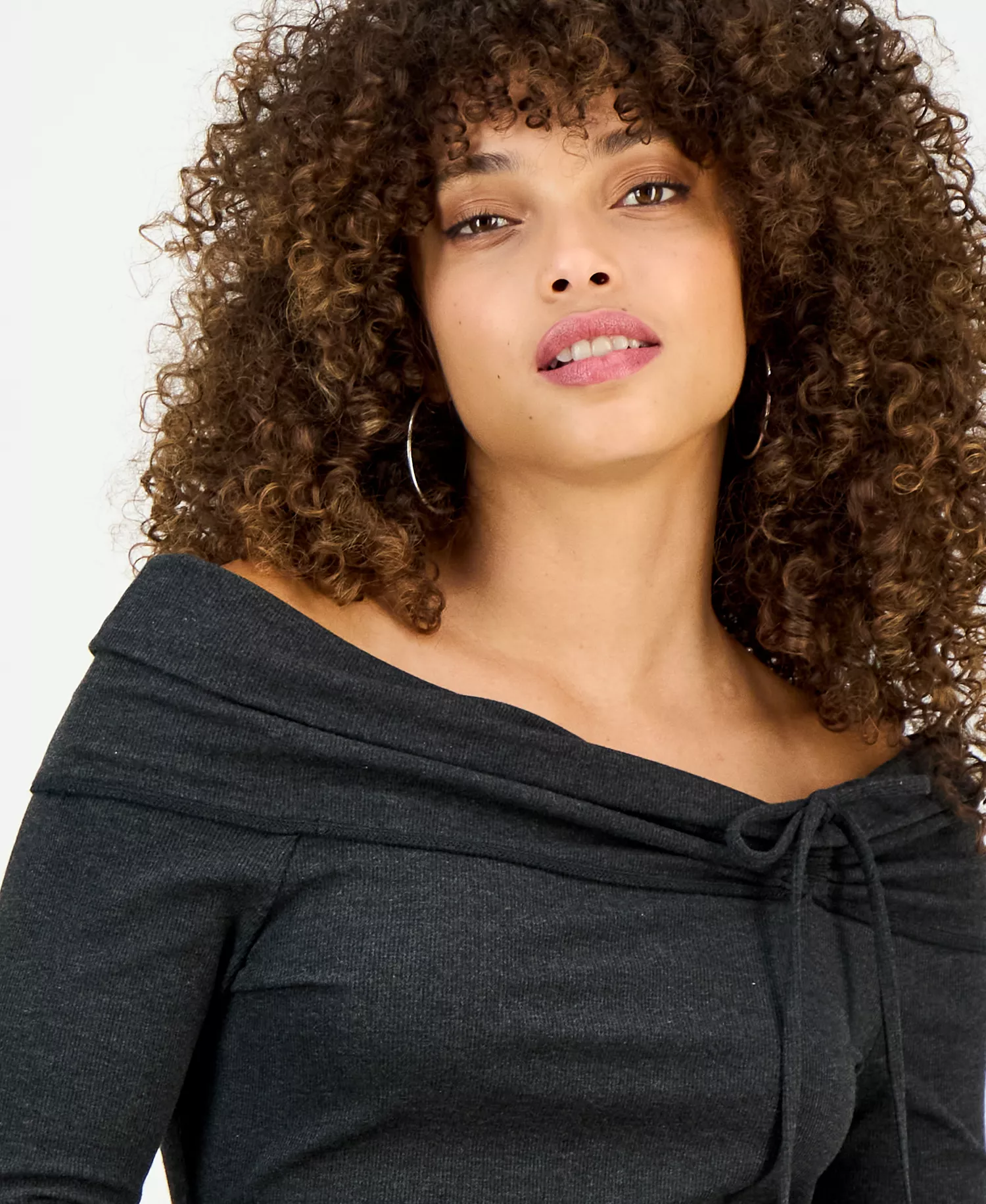 Petite Off-The-Shoulder Long-Sleeve Top, Macy's Exclusive - Charcoal Hthr - P/L