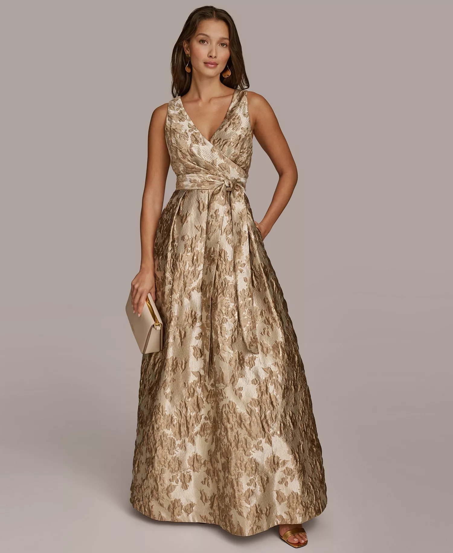 Women's Metallic Brocade Gown - Frost Beige - 10