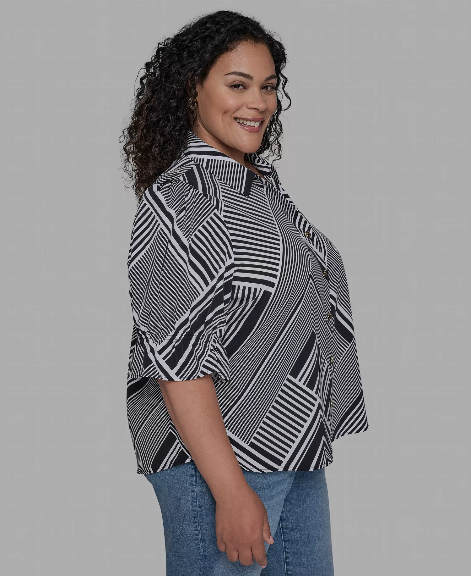 Plus Size Geo-Print Puff-Sleeve Shirt - Black Soft White - 0X