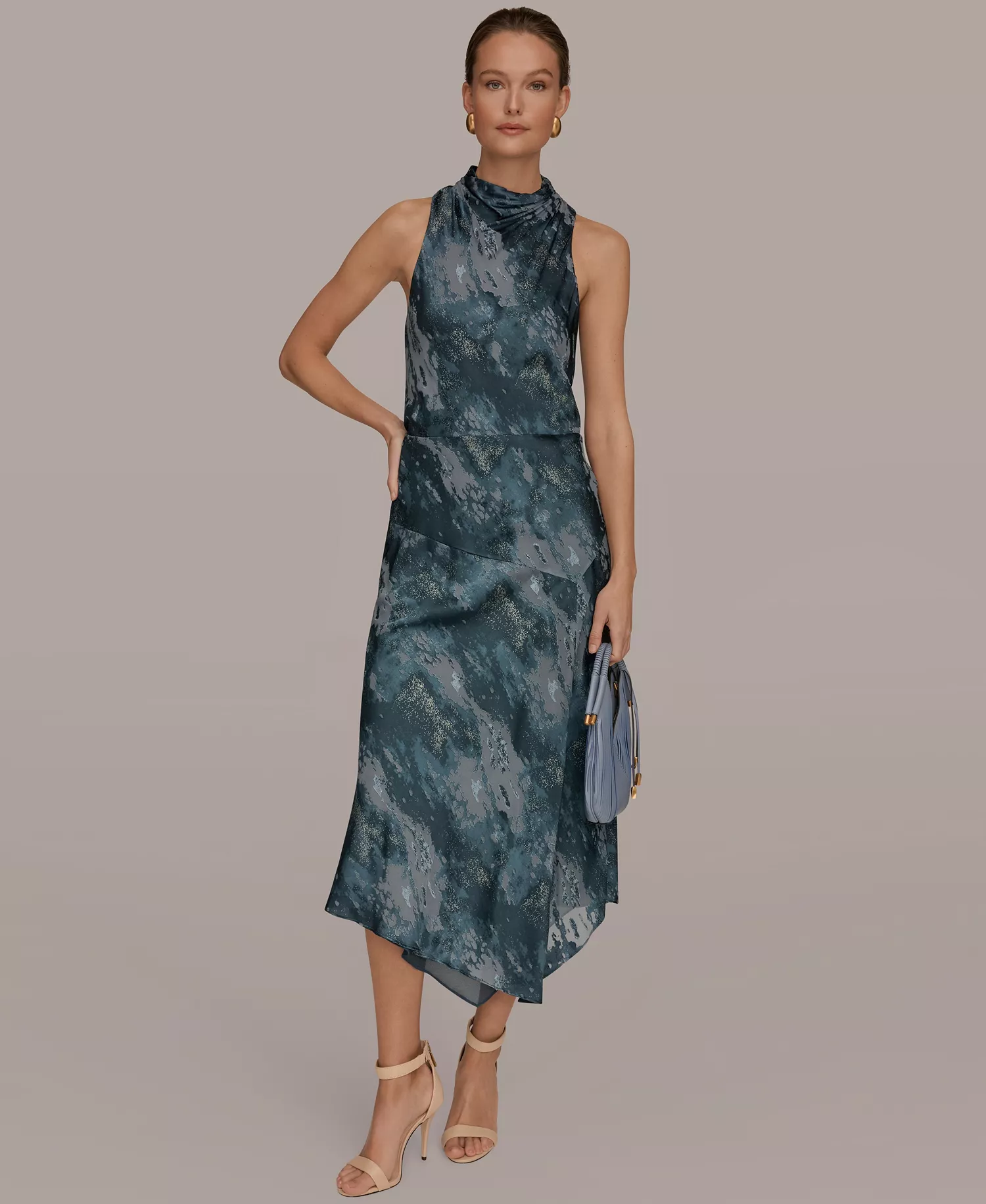 Women's Sleeveless High Neck Midi Dress - Blue Combo/Gold - 10