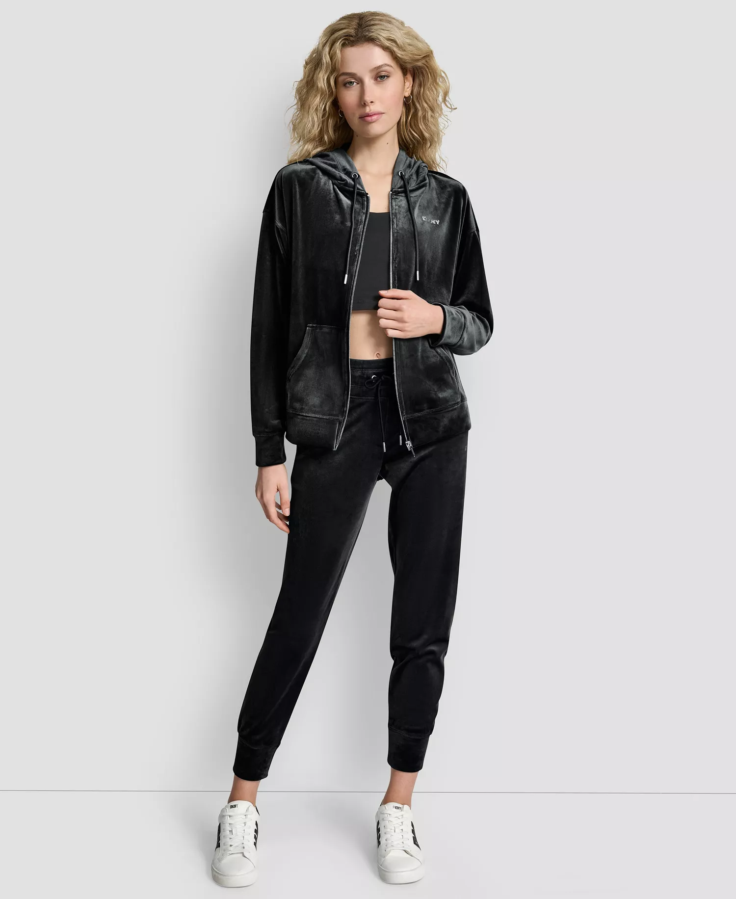 Women's Platinum Velour Rhinestone Logo Full-Zip Hoodie - Black - M