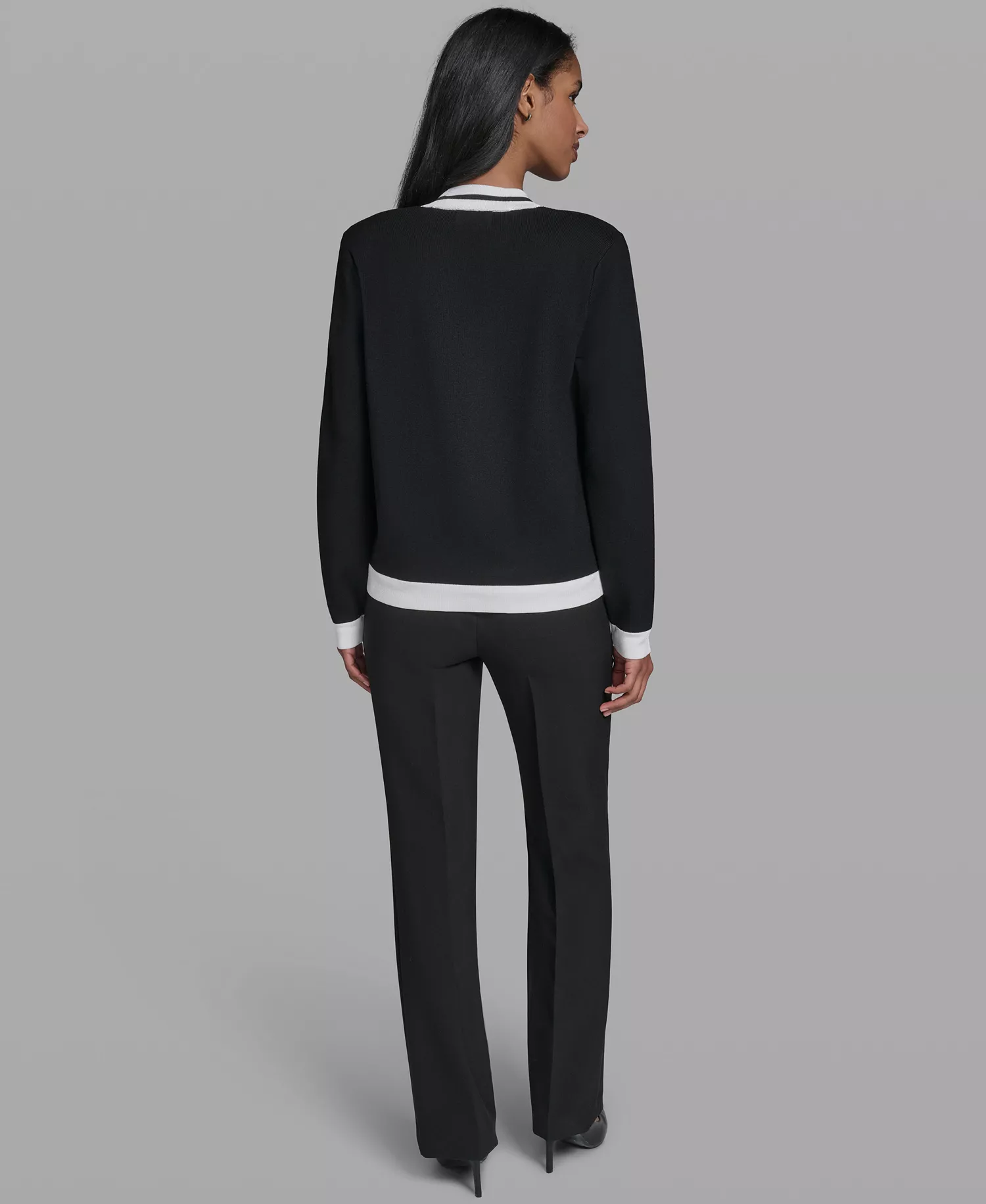 Women's Open-Front Long-Sleeve Knit Cardigan with Contrast Trim - Black/soft White - L