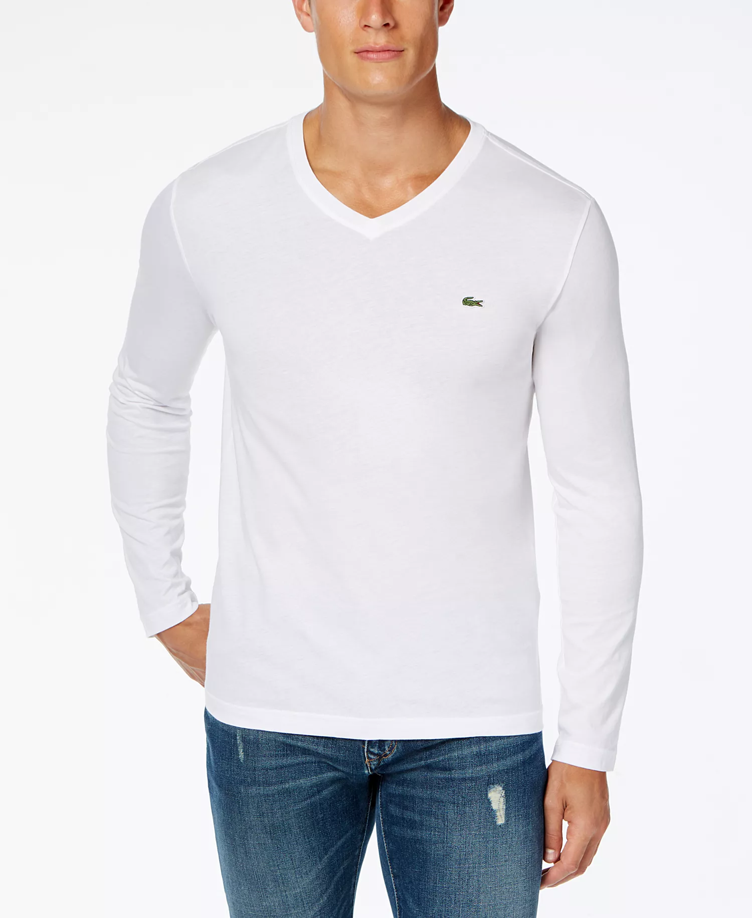 Men's V-Neck Casual Long Sleeve Jersey T-Shirt - 001 - White - 3XL