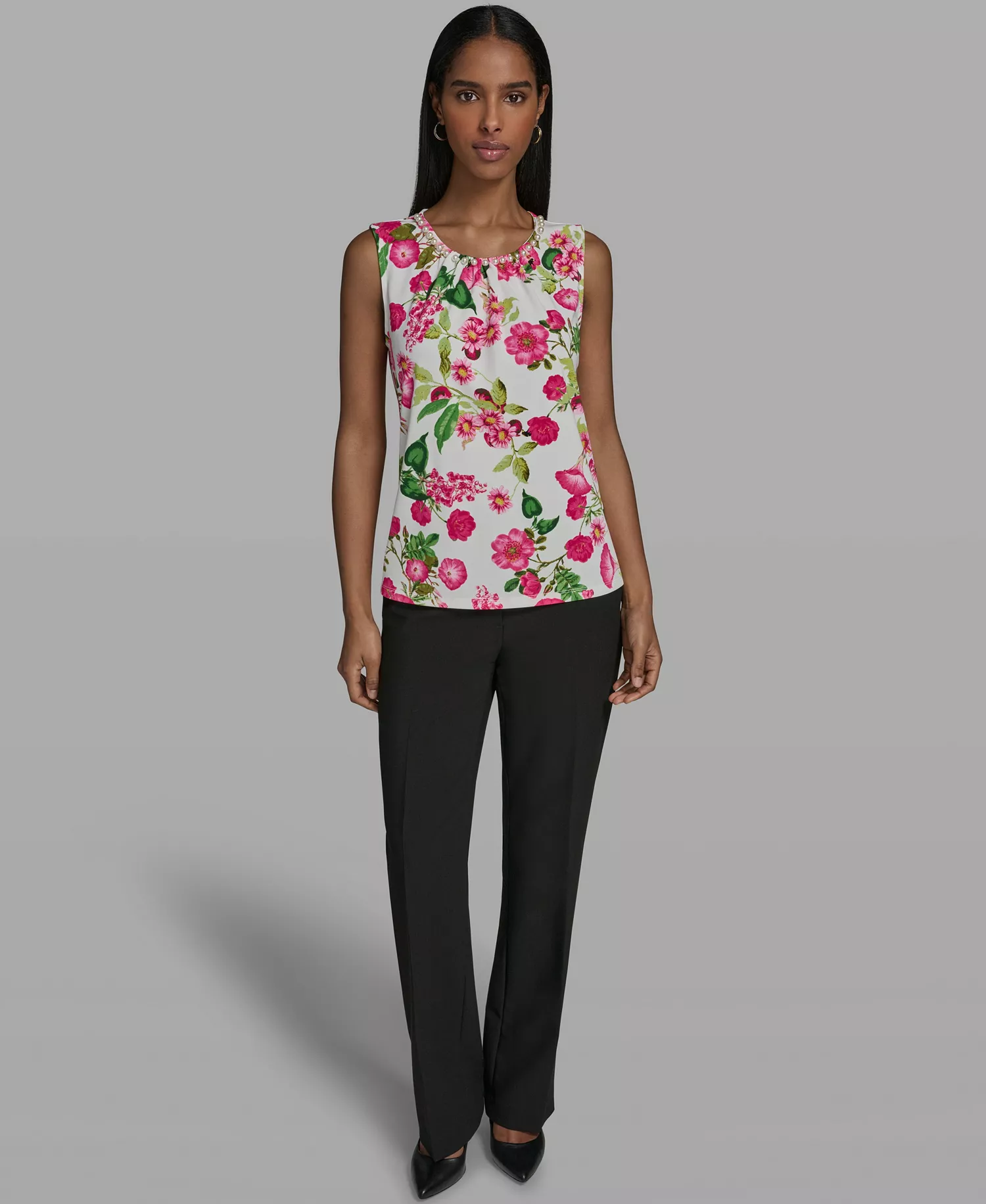 Women's Crewneck Woven Top - Soft White Multi - L