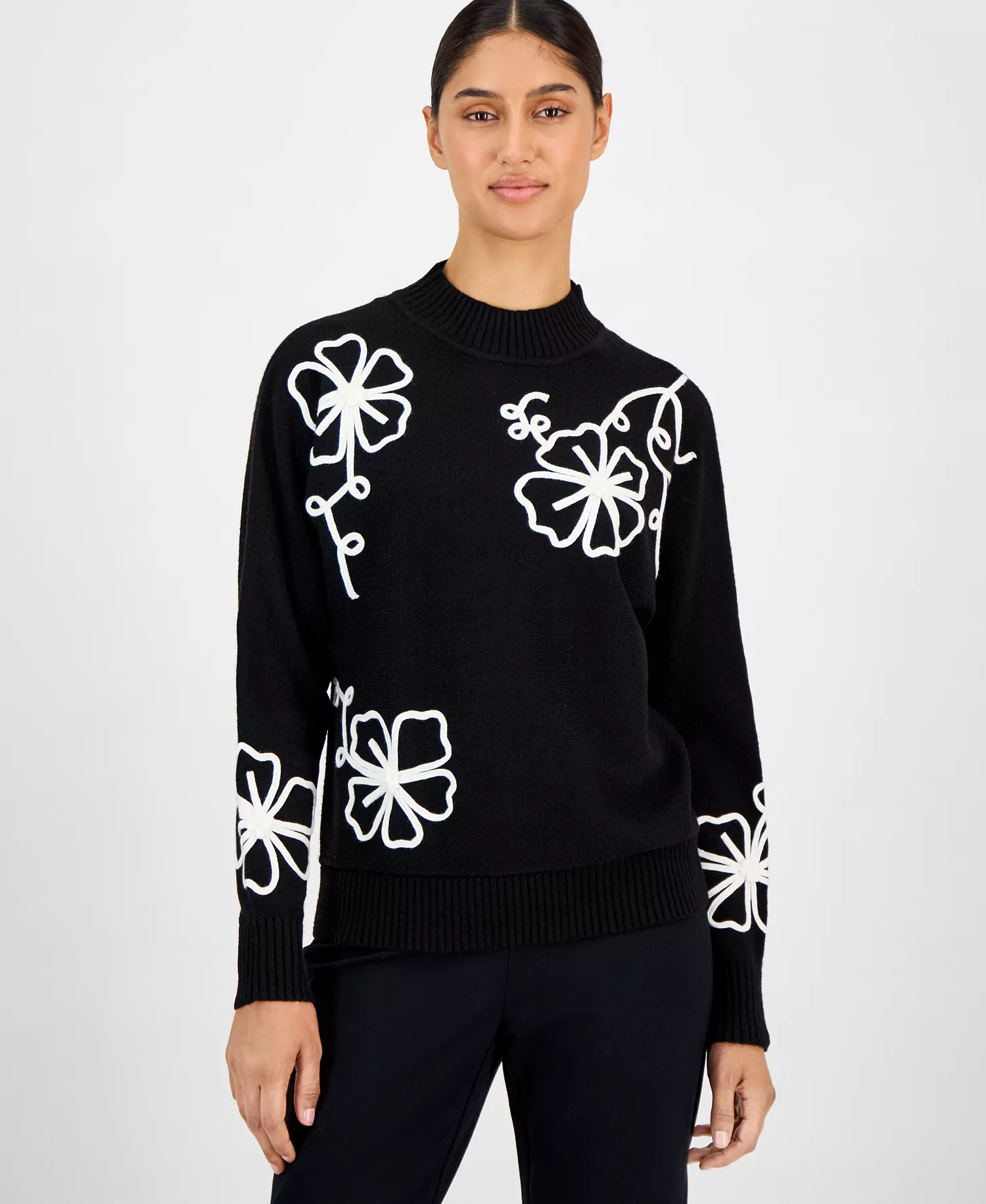Women's Mock Neck Floral Embroidered Sweater - Black/white - L