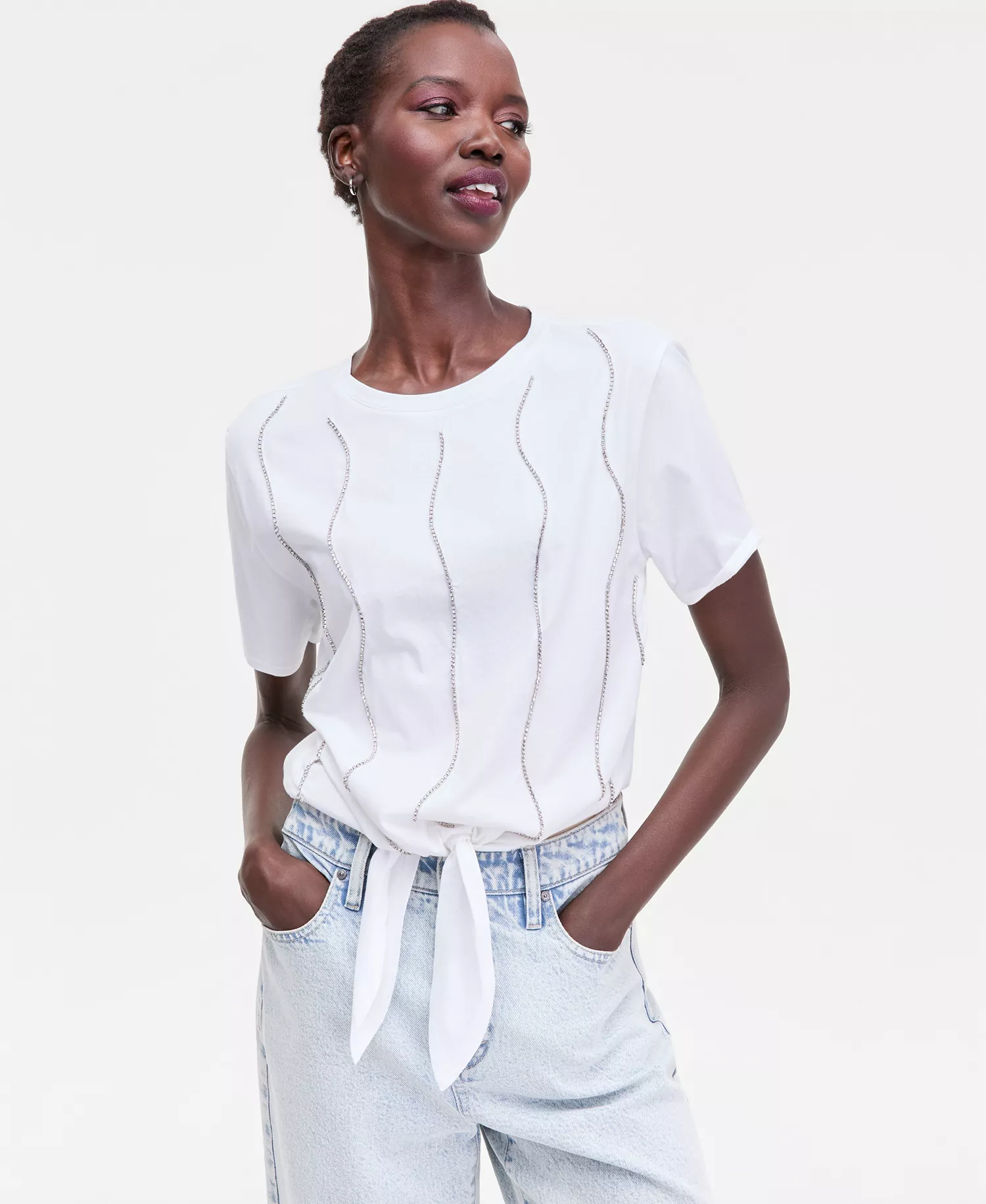 Women's Embellished Tie-Front Tee, Macy's Exclusive - Bright White - L