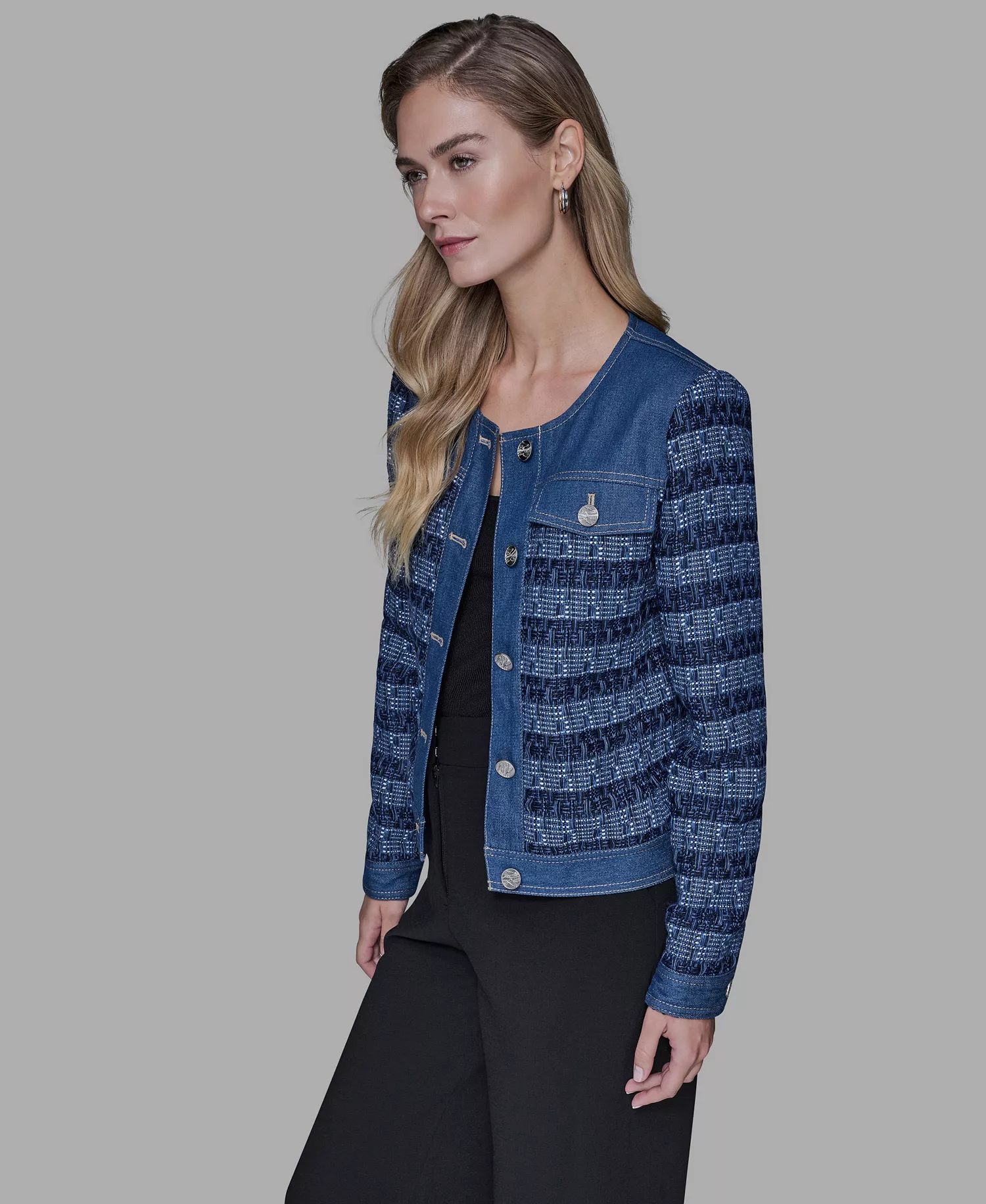 Women's Crewneck Tweed and Denim Jacket - Blue Aura/french Blue Multi - L