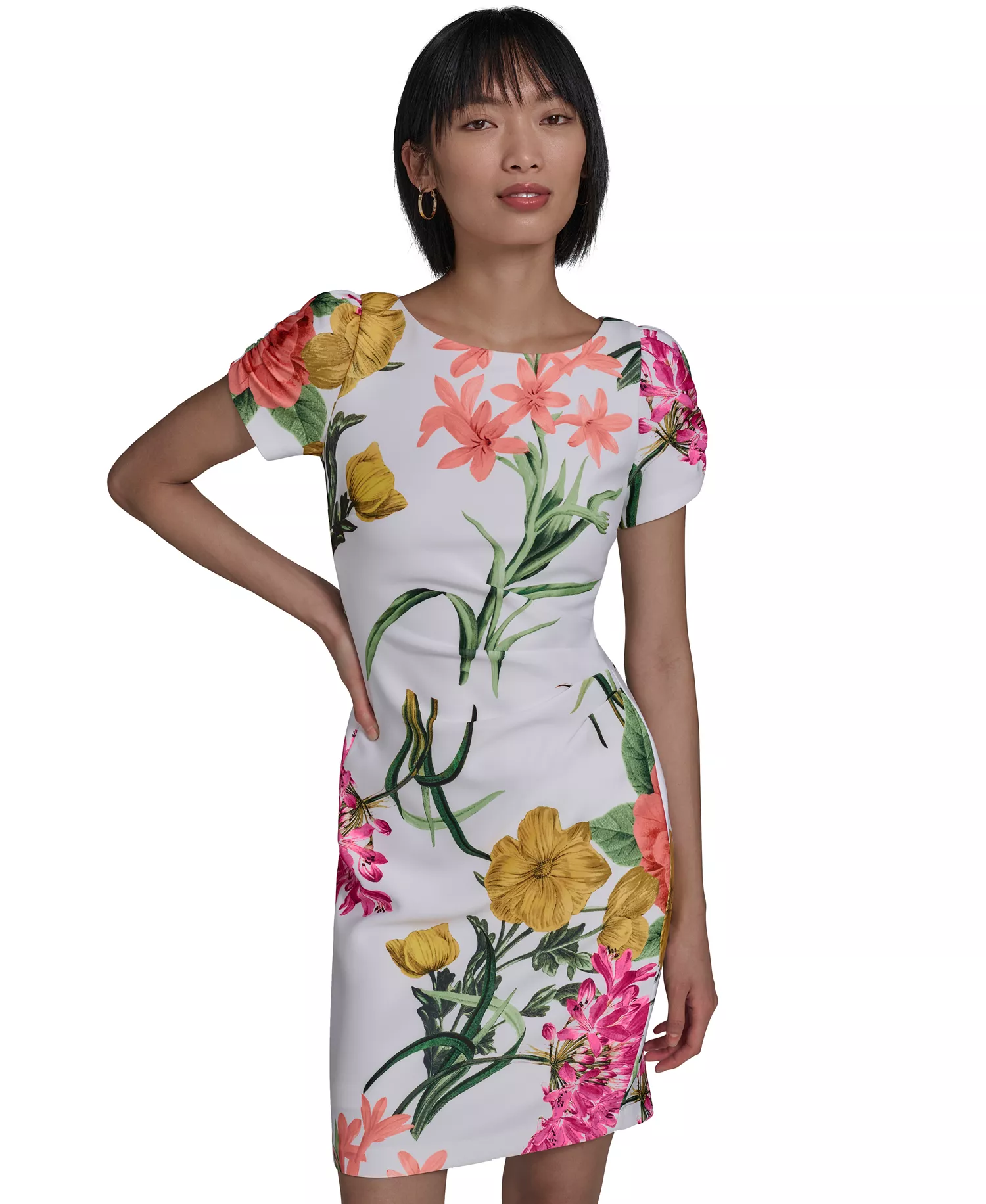 Women's Printed Puff-Sleeve Dress - Soft White/Camelia Combo - 10