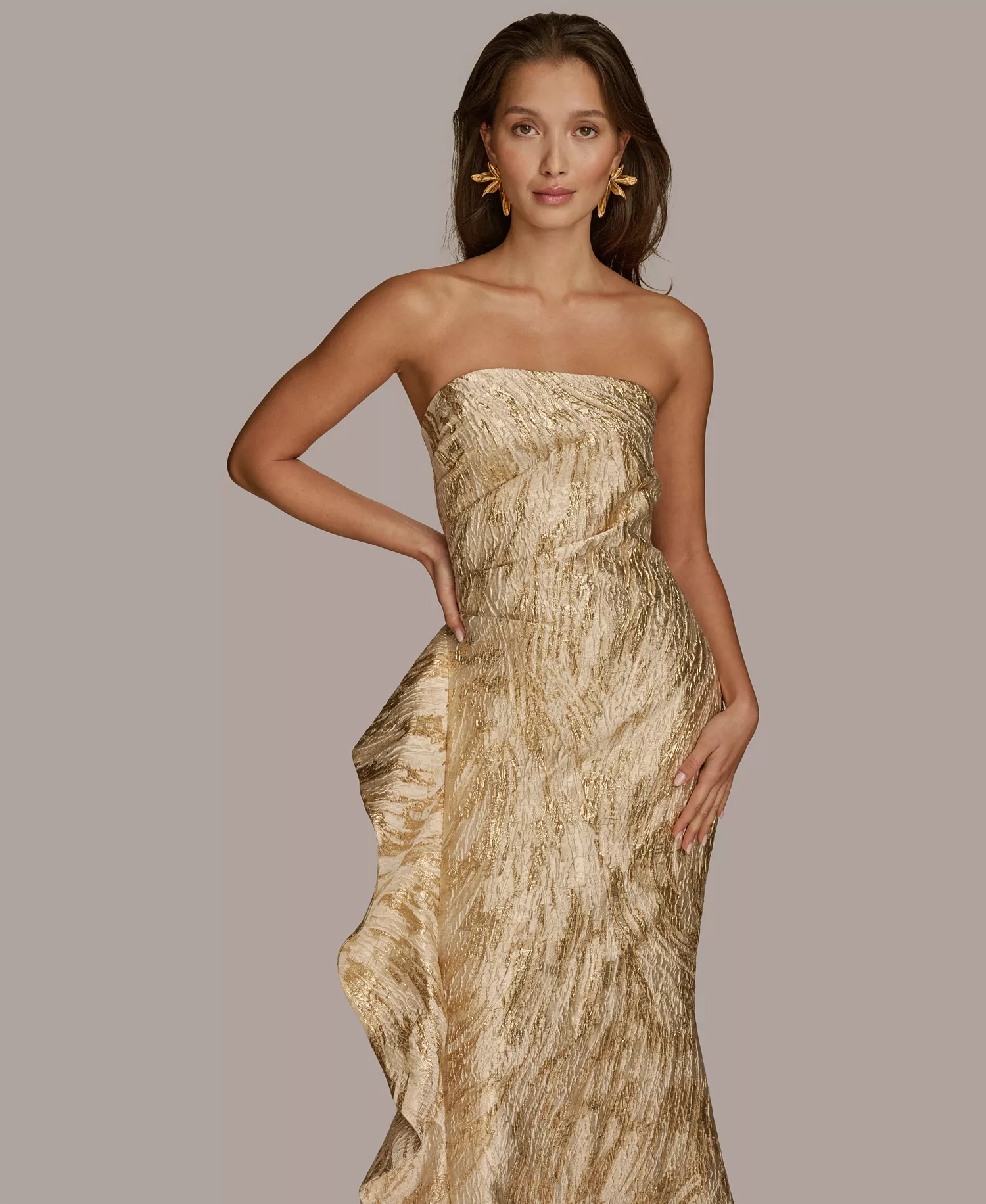 Women's Metallic Ruffled Strapless Gown - Champagne Multi - 10