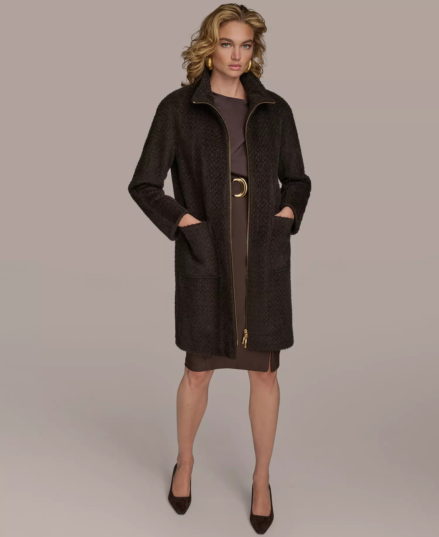 Women's Zip Front High Collared Coat - Chocolate - L
