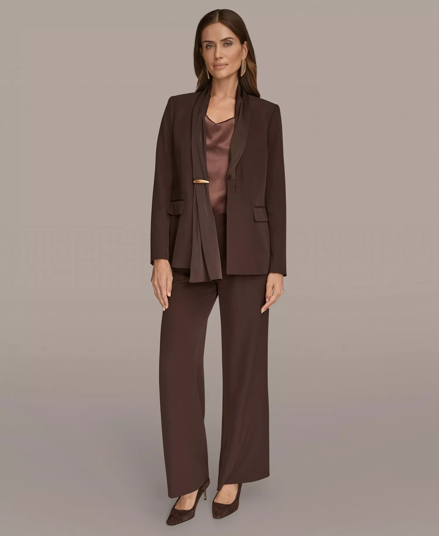 Womens Mixed Media Draped Neck Blazer, Regular & Petite - Chocolate Plum - 12P