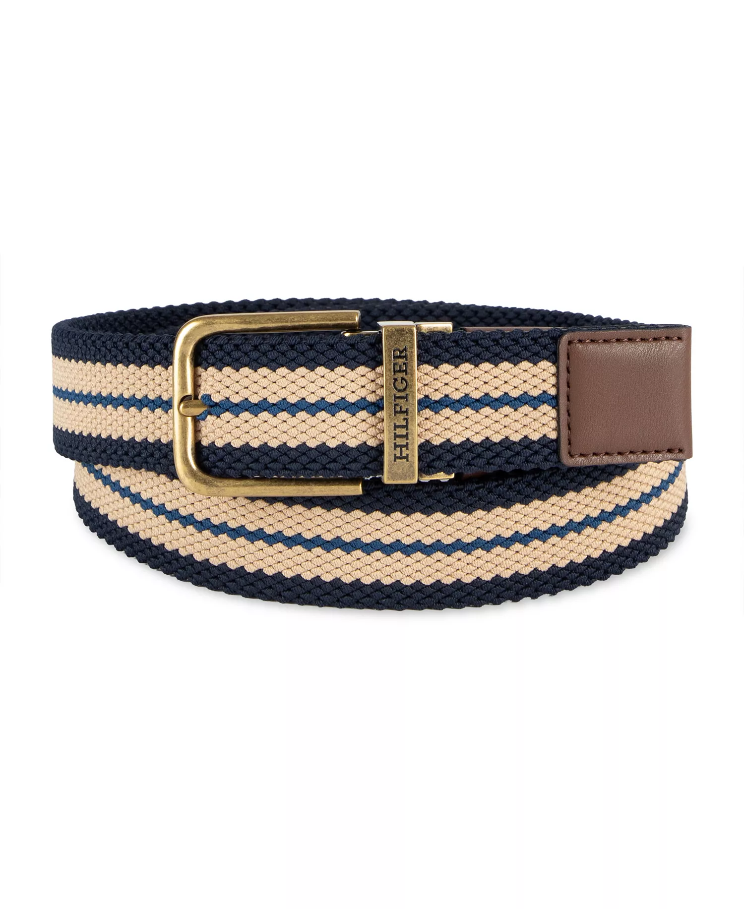 Men's Two-In-One Reversible Striped Stretch Cord Belt - Tan/Navy - L (38-40)