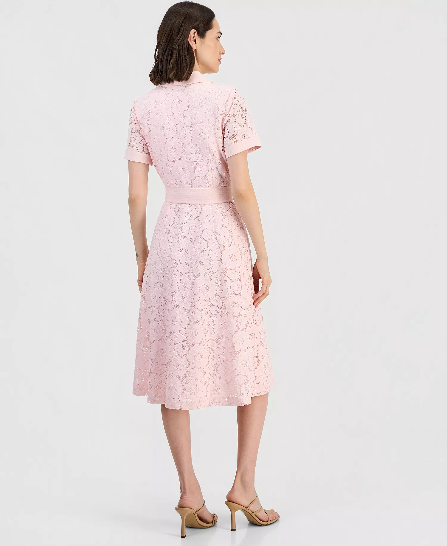 Women's Belted Short-Sleeve Lace Midi Shirt Dress  - Tea Rose - 10