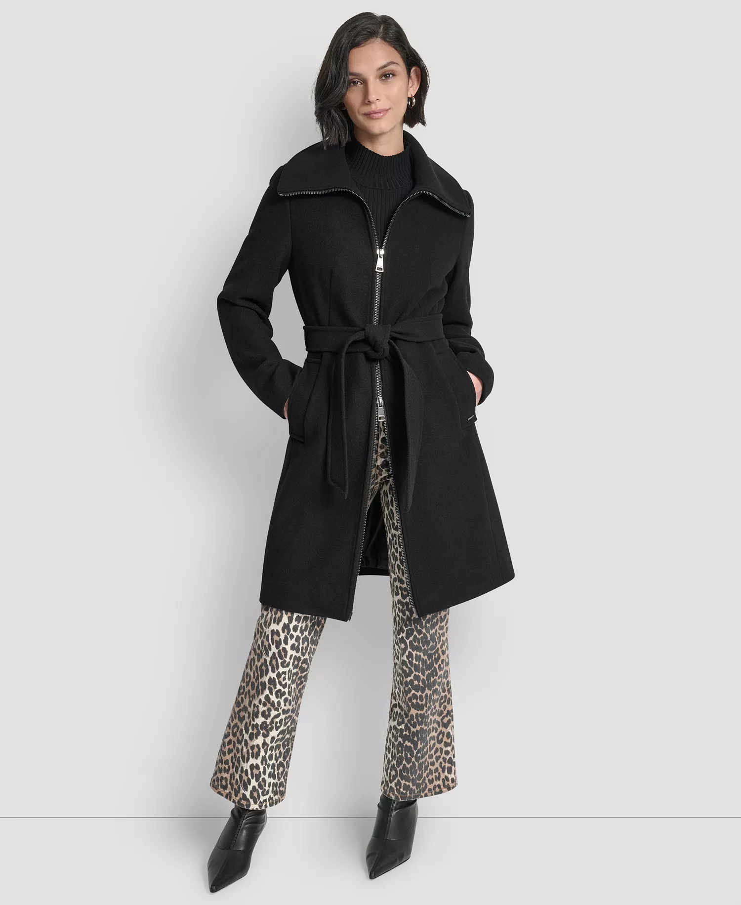 Women's Collared Neck Belted Coat - Black - L